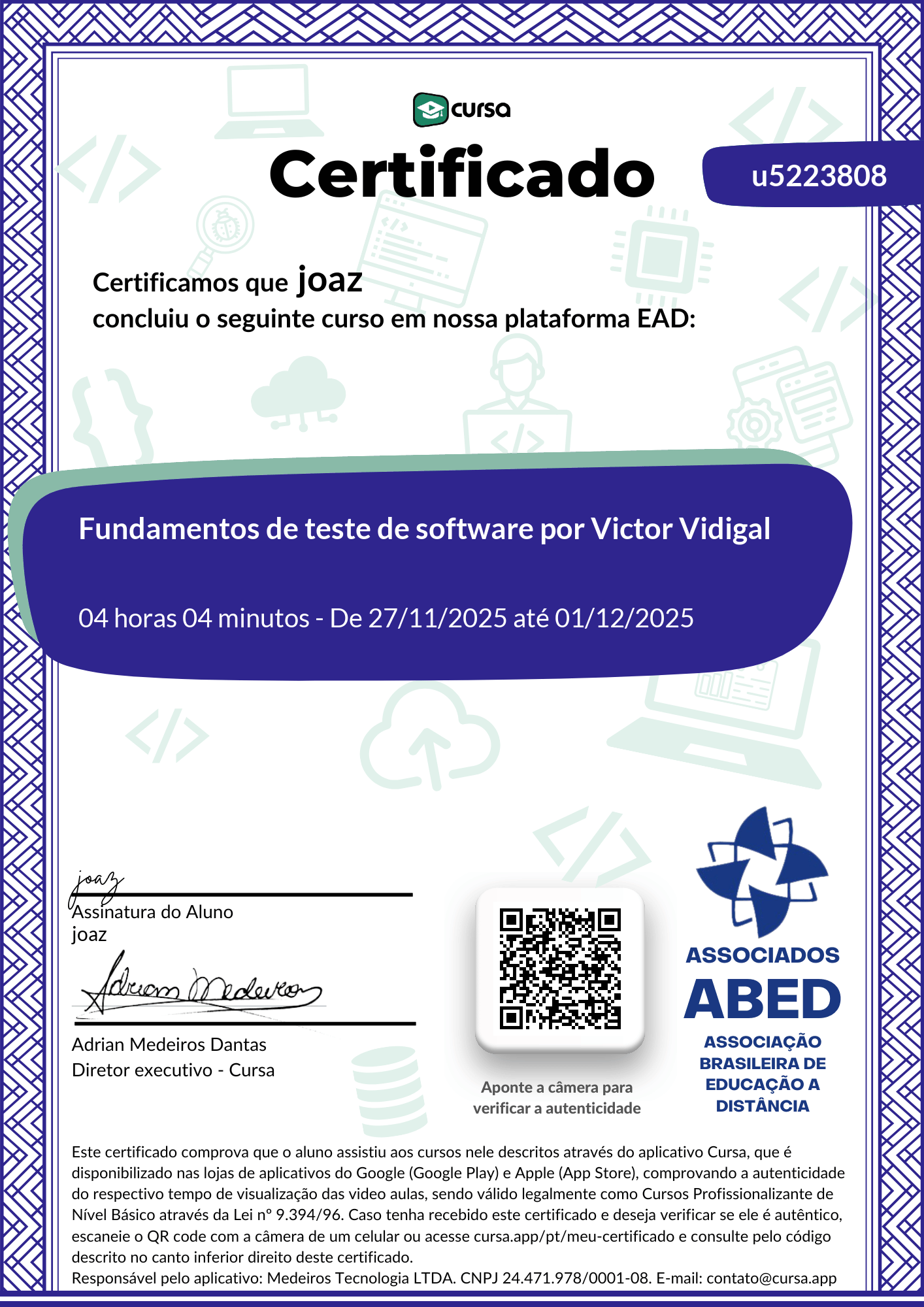 Imagem do meu Certificado gratuito de conclusão de curso.