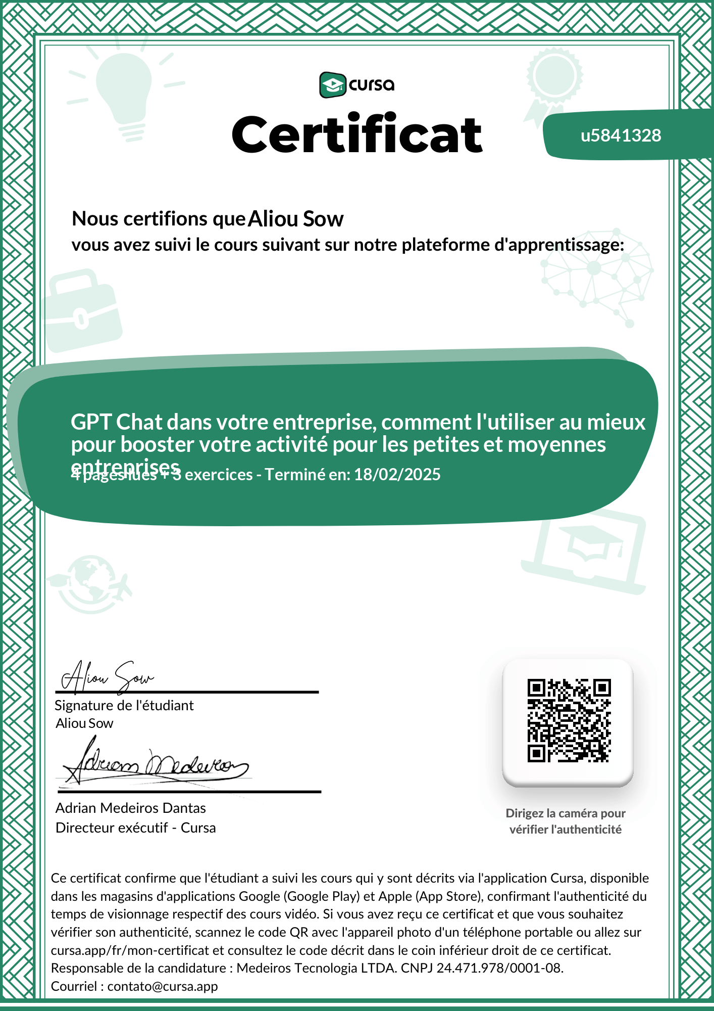 Image de mon certificat de fin de cours gratuit.