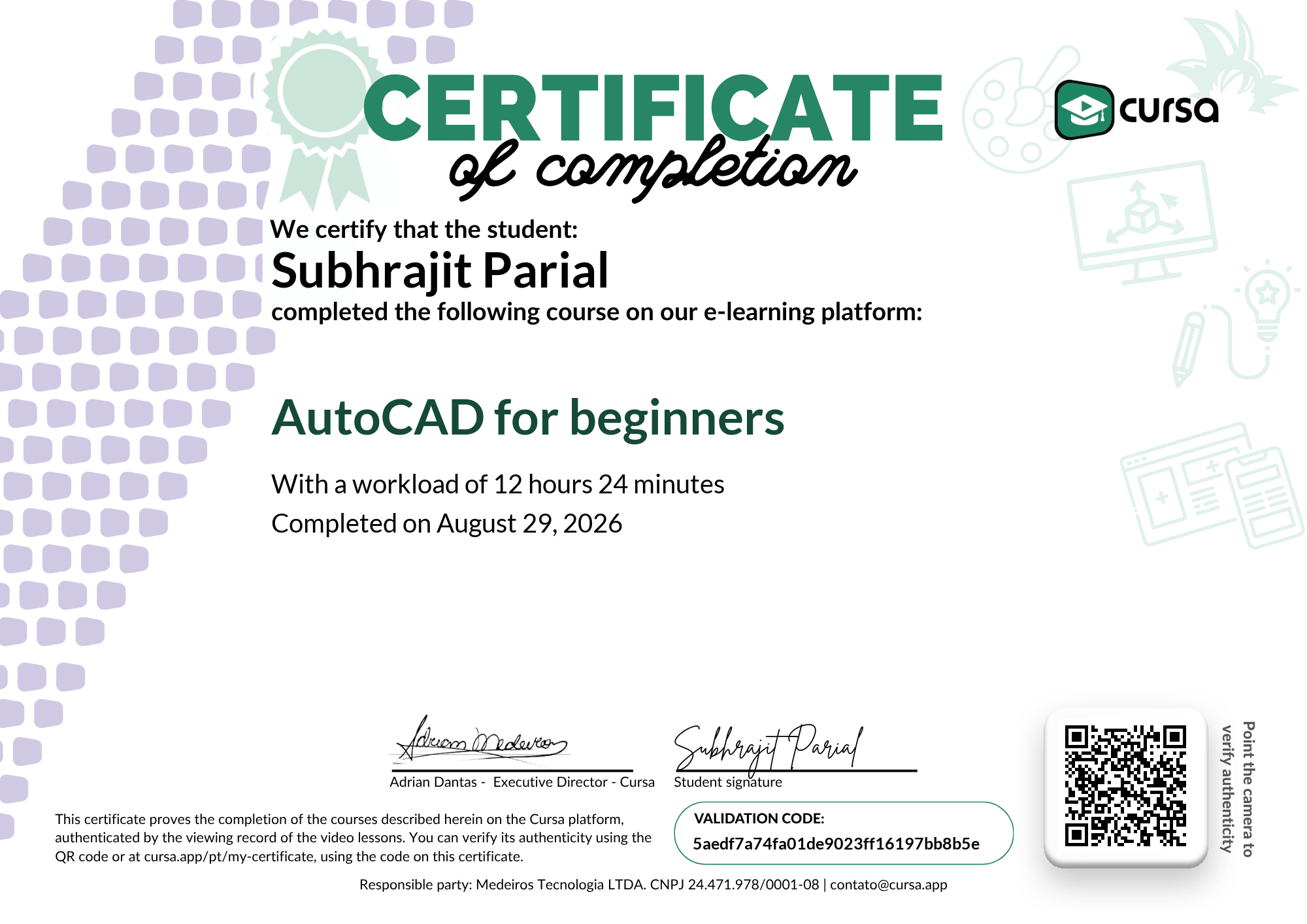 Image of my free Course Completion Certificate.