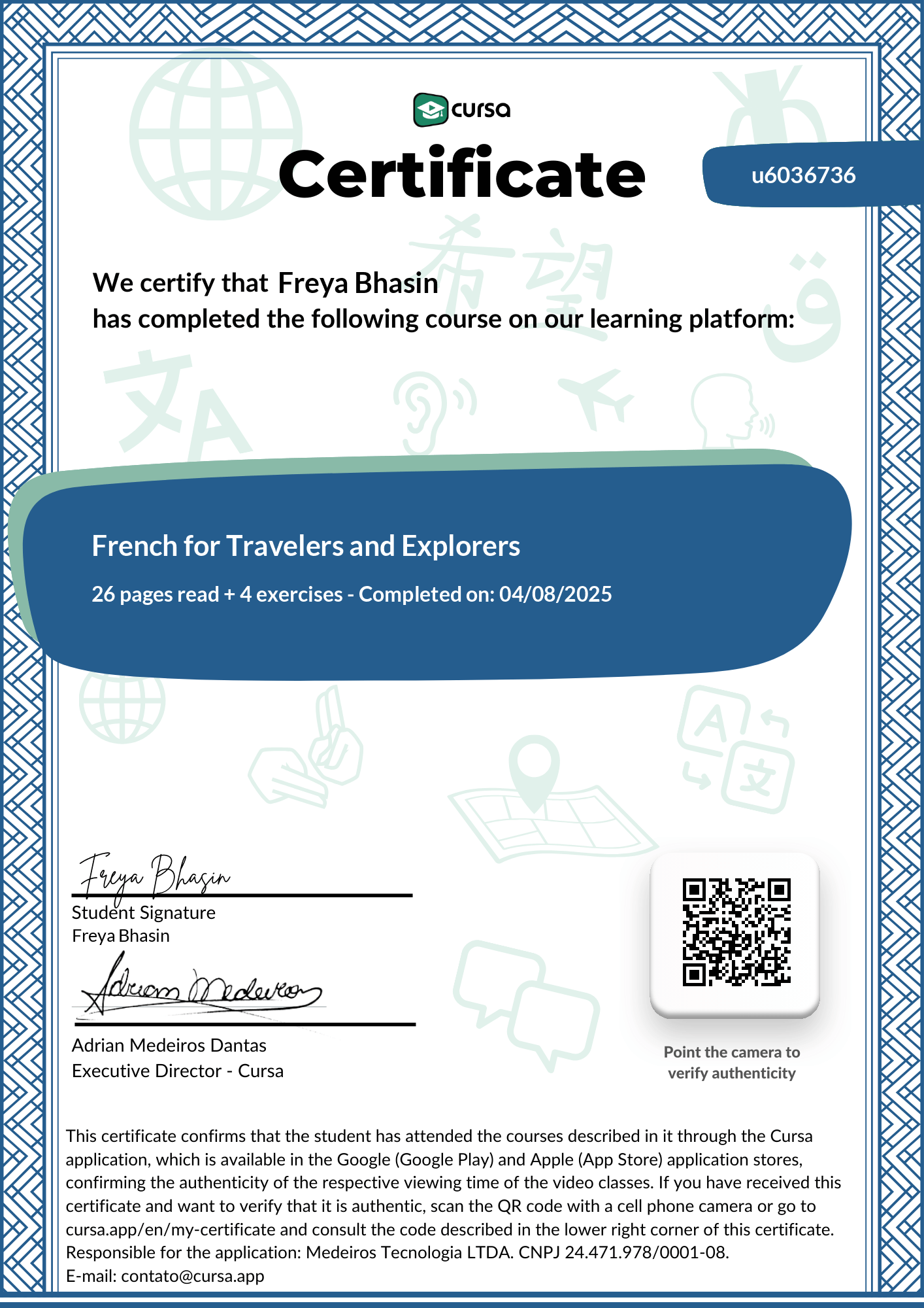 Image of my free Course Completion Certificate.