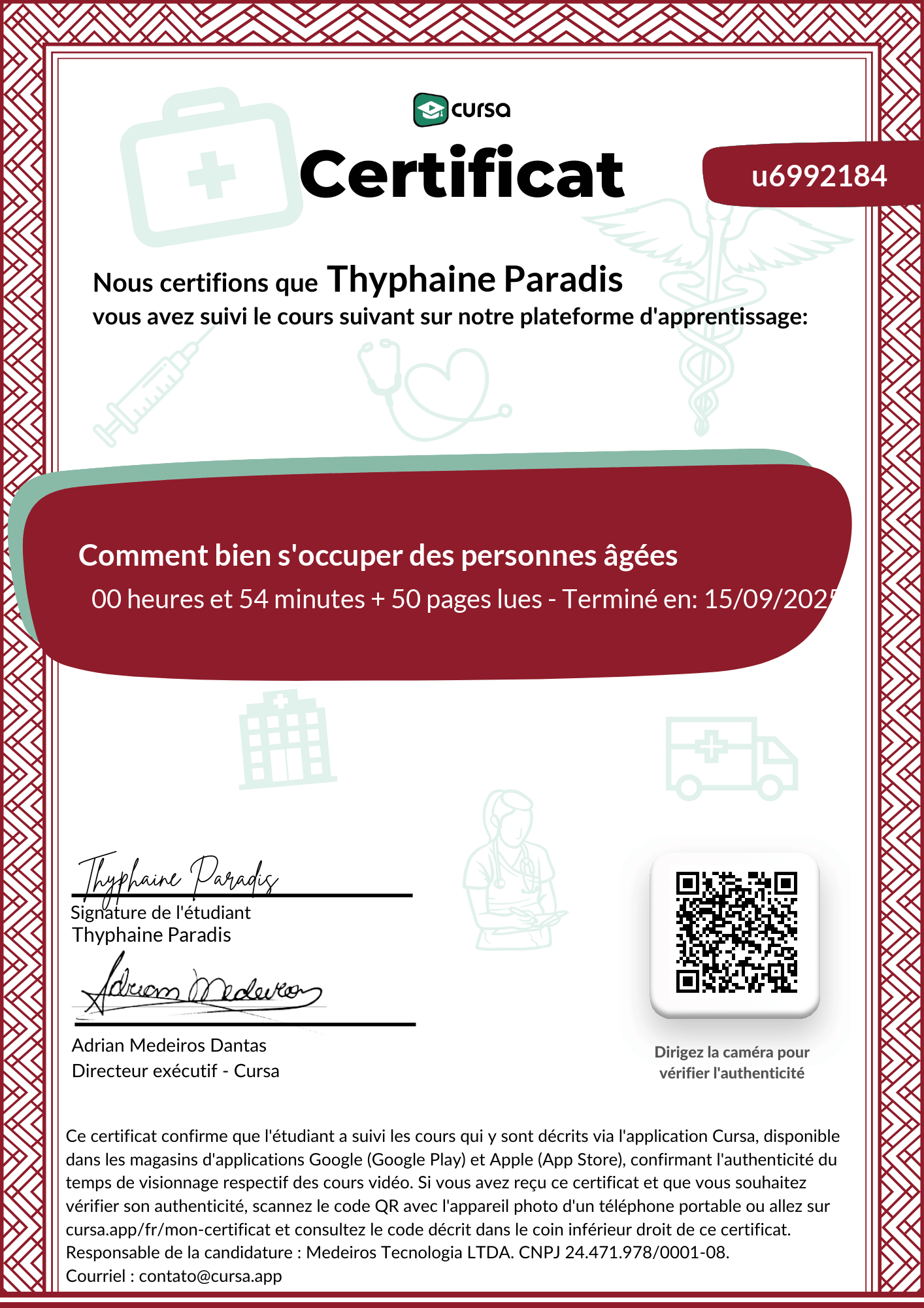 Image de mon certificat de fin de cours gratuit.