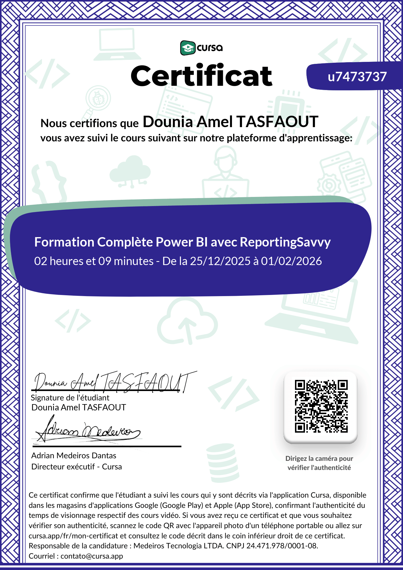 Image de mon certificat de fin de cours gratuit.