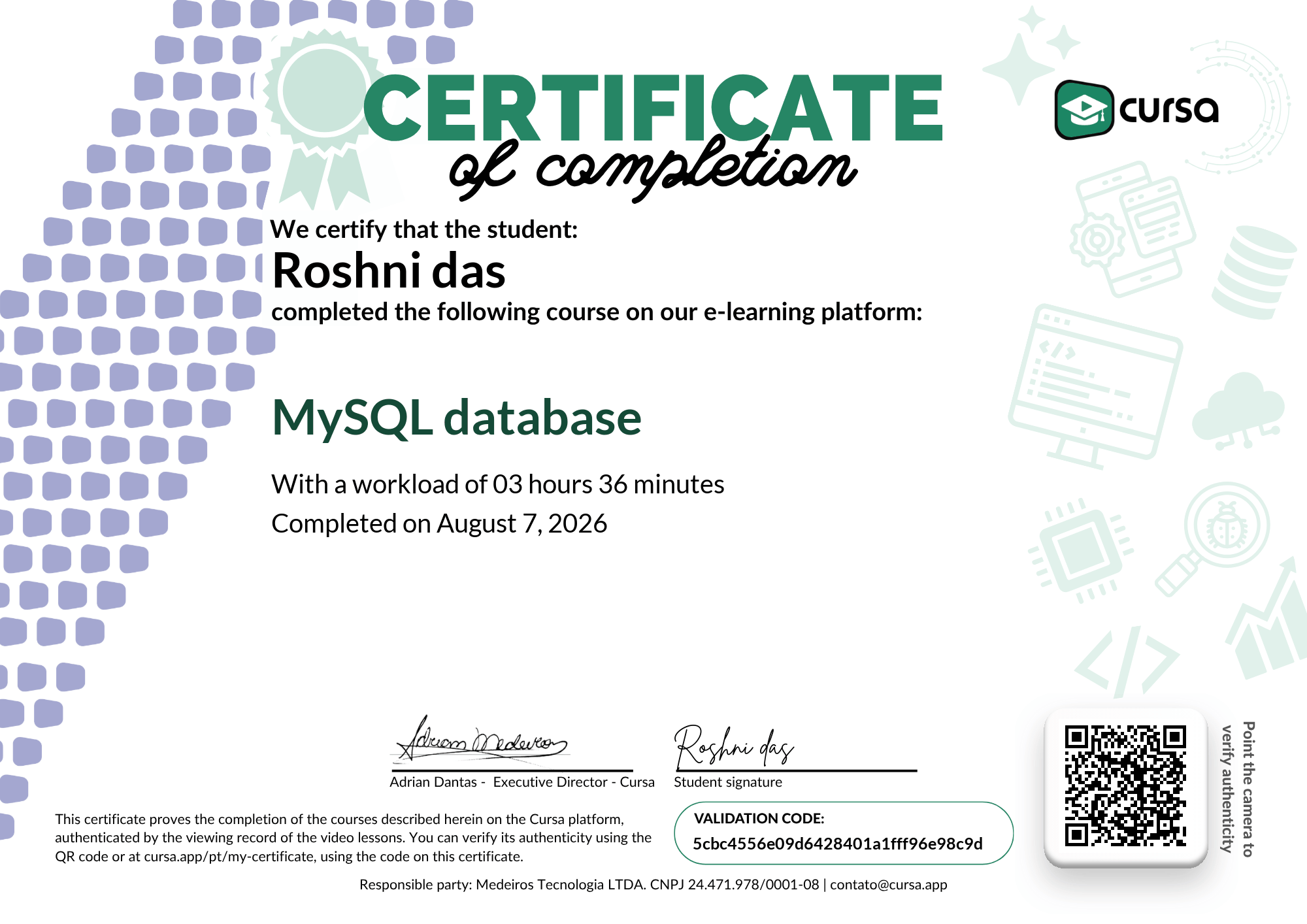 Image of my free Course Completion Certificate.