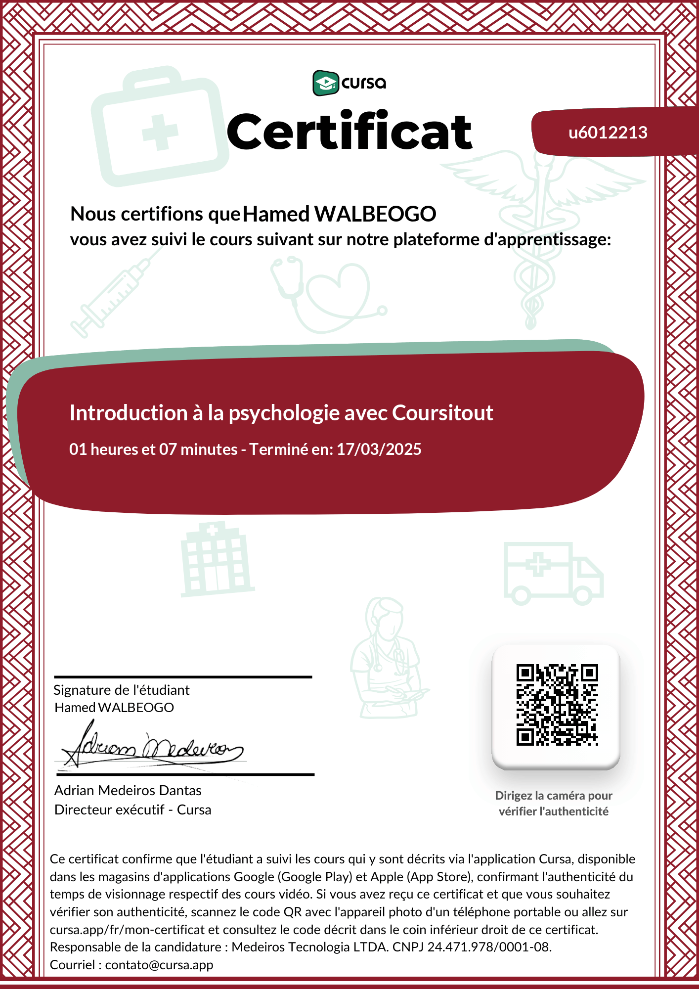 Image de mon certificat de fin de cours gratuit.
