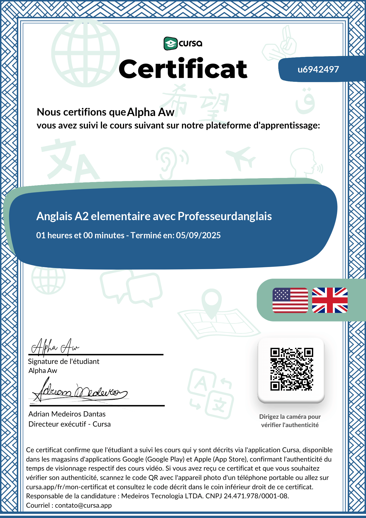 Image de mon certificat de fin de cours gratuit.