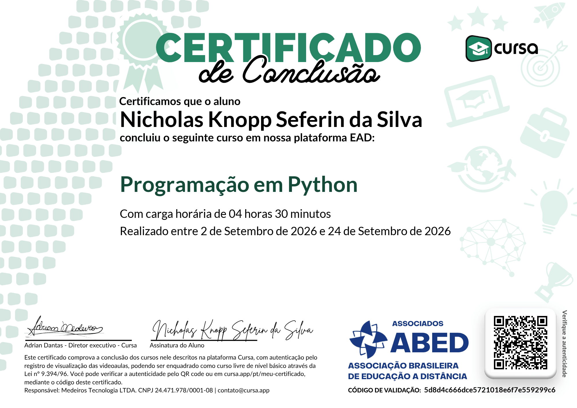 Imagem do meu Certificado gratuito de conclusão de curso.