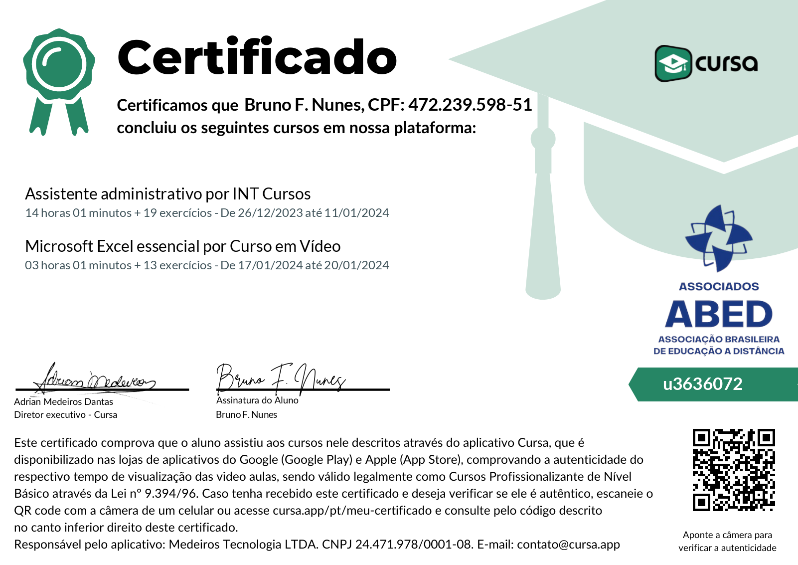 Imagem do meu Certificado gratuito de conclusão de curso.