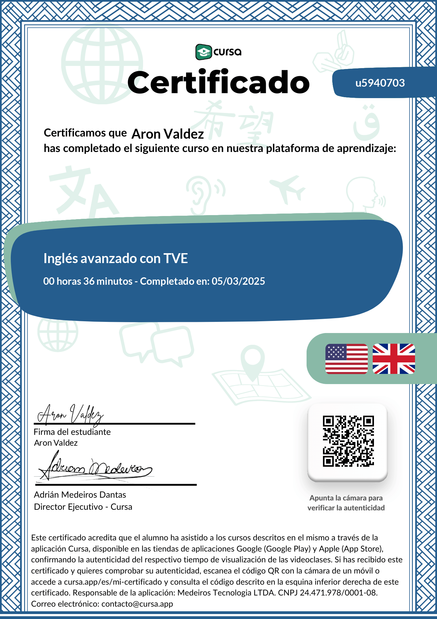 Imagen de mi Certificado de finalización del curso gratuito.