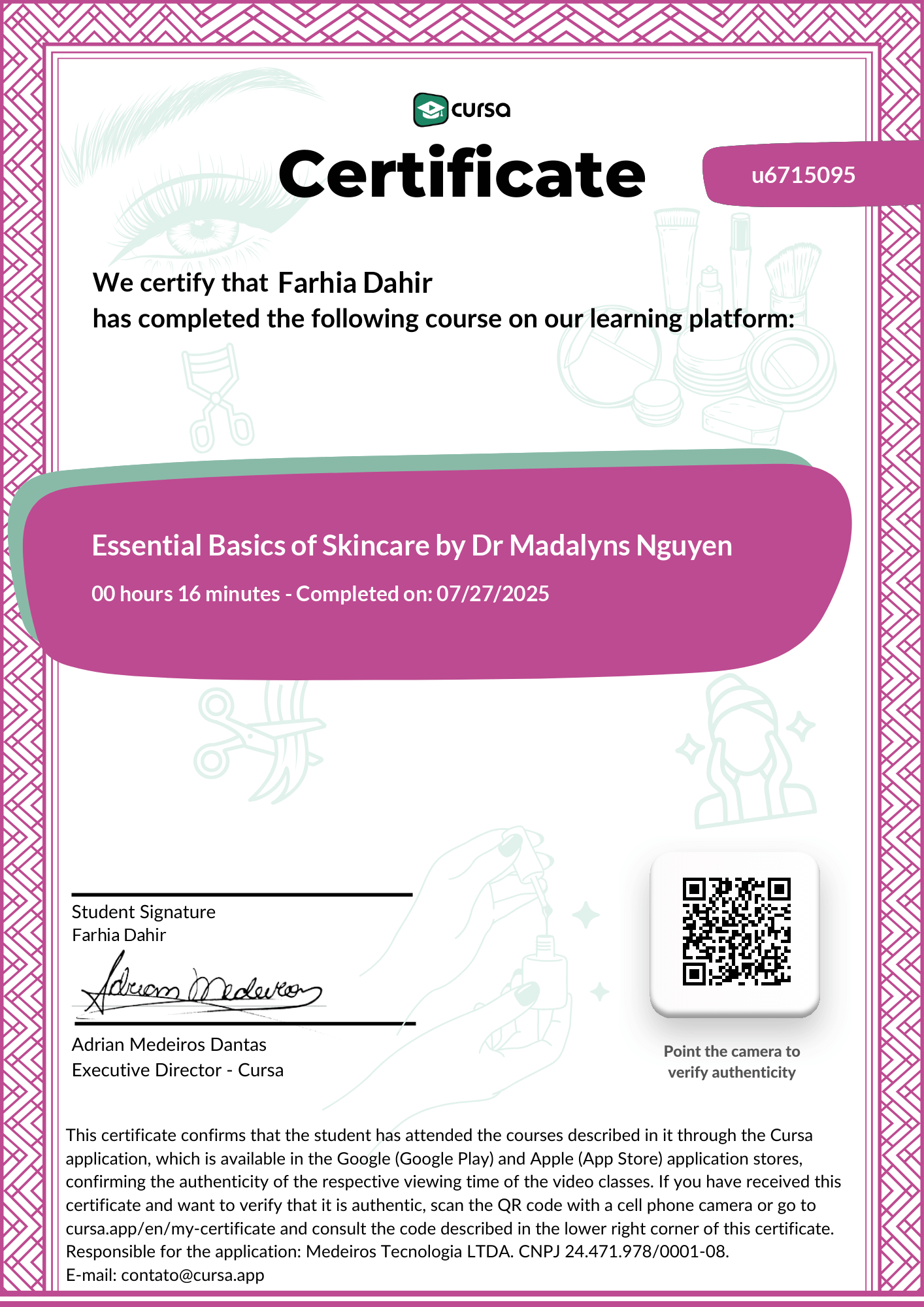 Image of my free Course Completion Certificate.