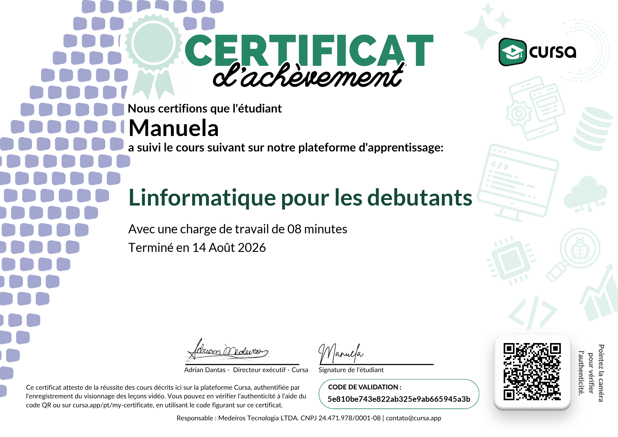 Image de mon certificat de fin de cours gratuit.