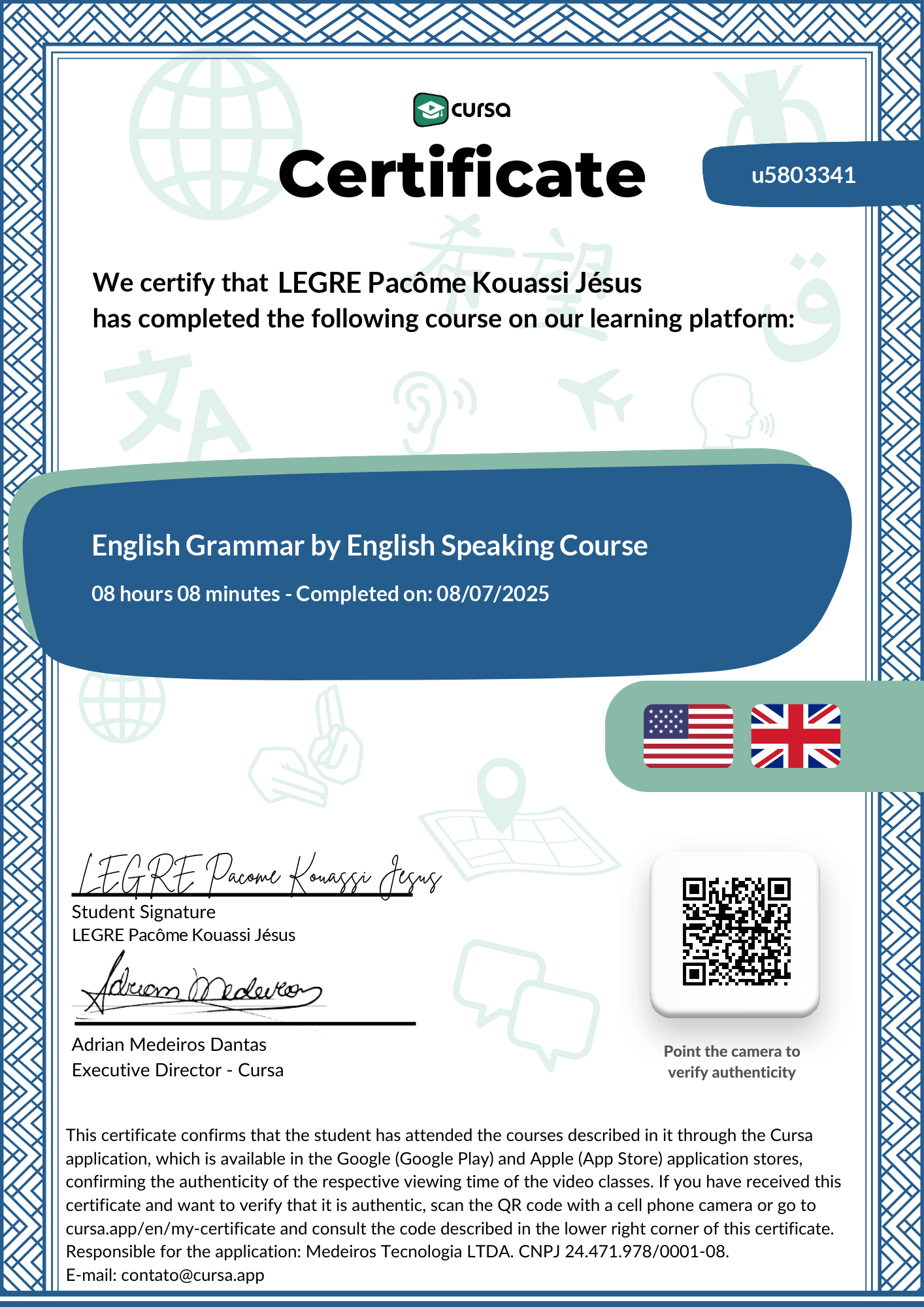 Image of my free Course Completion Certificate.