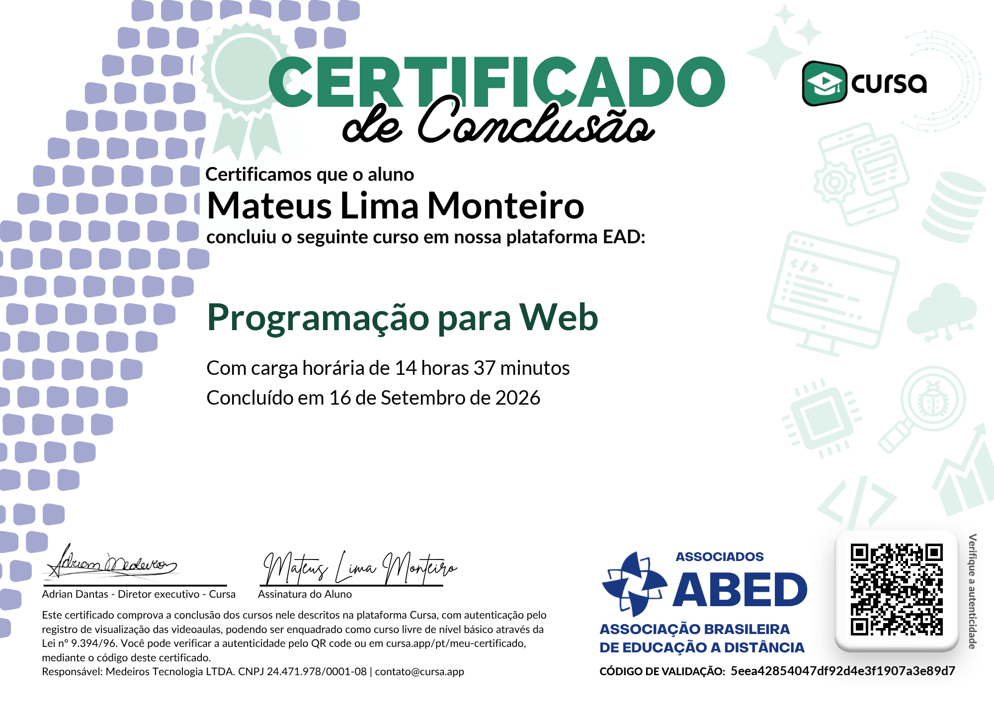 Imagem do meu Certificado gratuito de conclusão de curso.