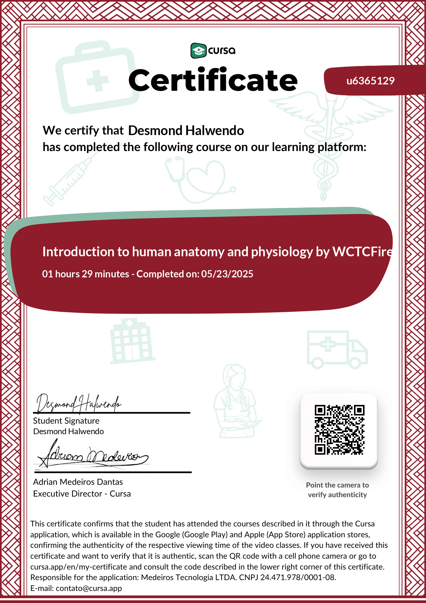 Image of my free Course Completion Certificate.