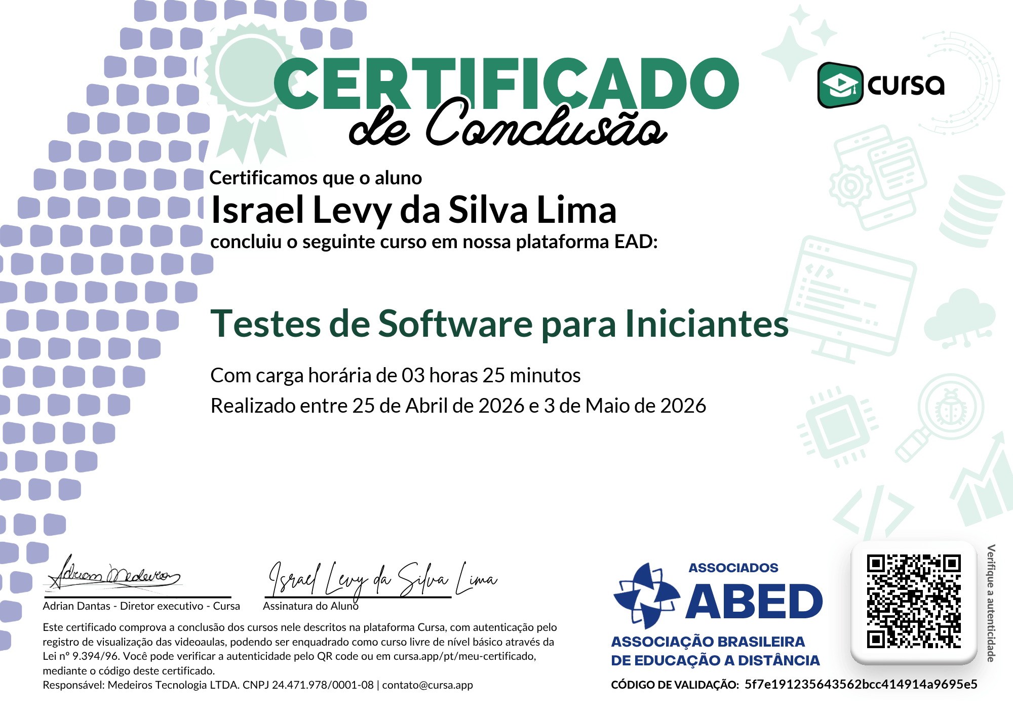 Imagem do meu Certificado gratuito de conclusão de curso.