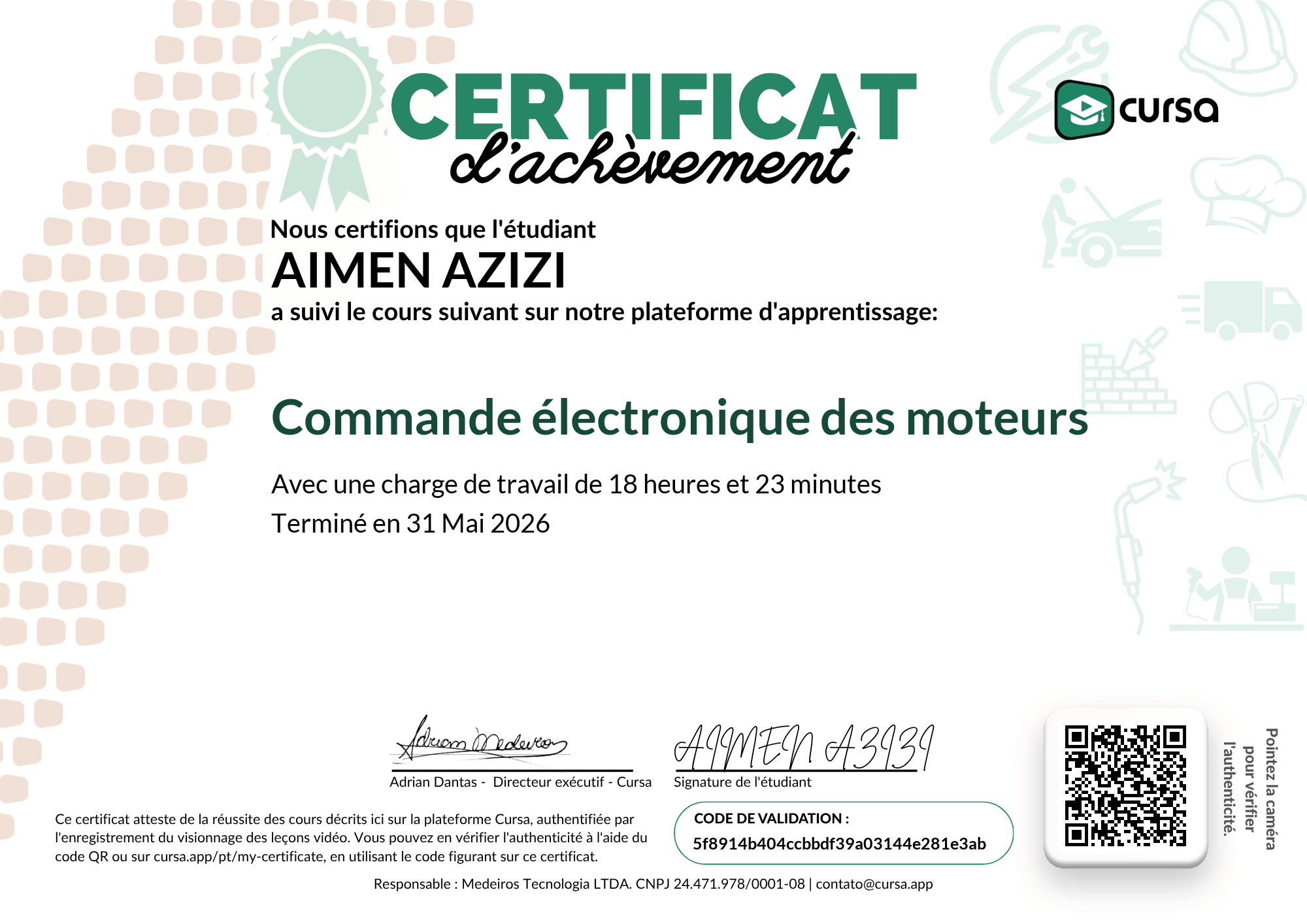 Image de mon certificat de fin de cours gratuit.