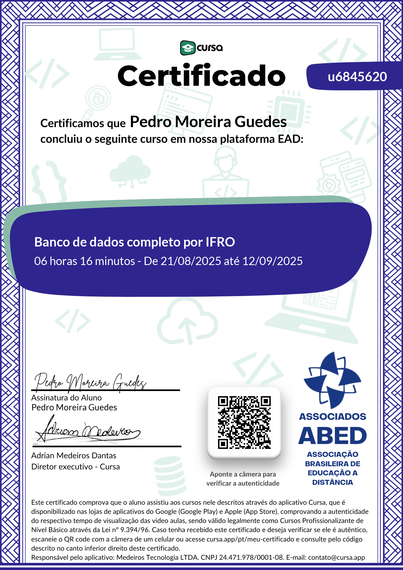 Imagem do meu Certificado gratuito de conclusão de curso.