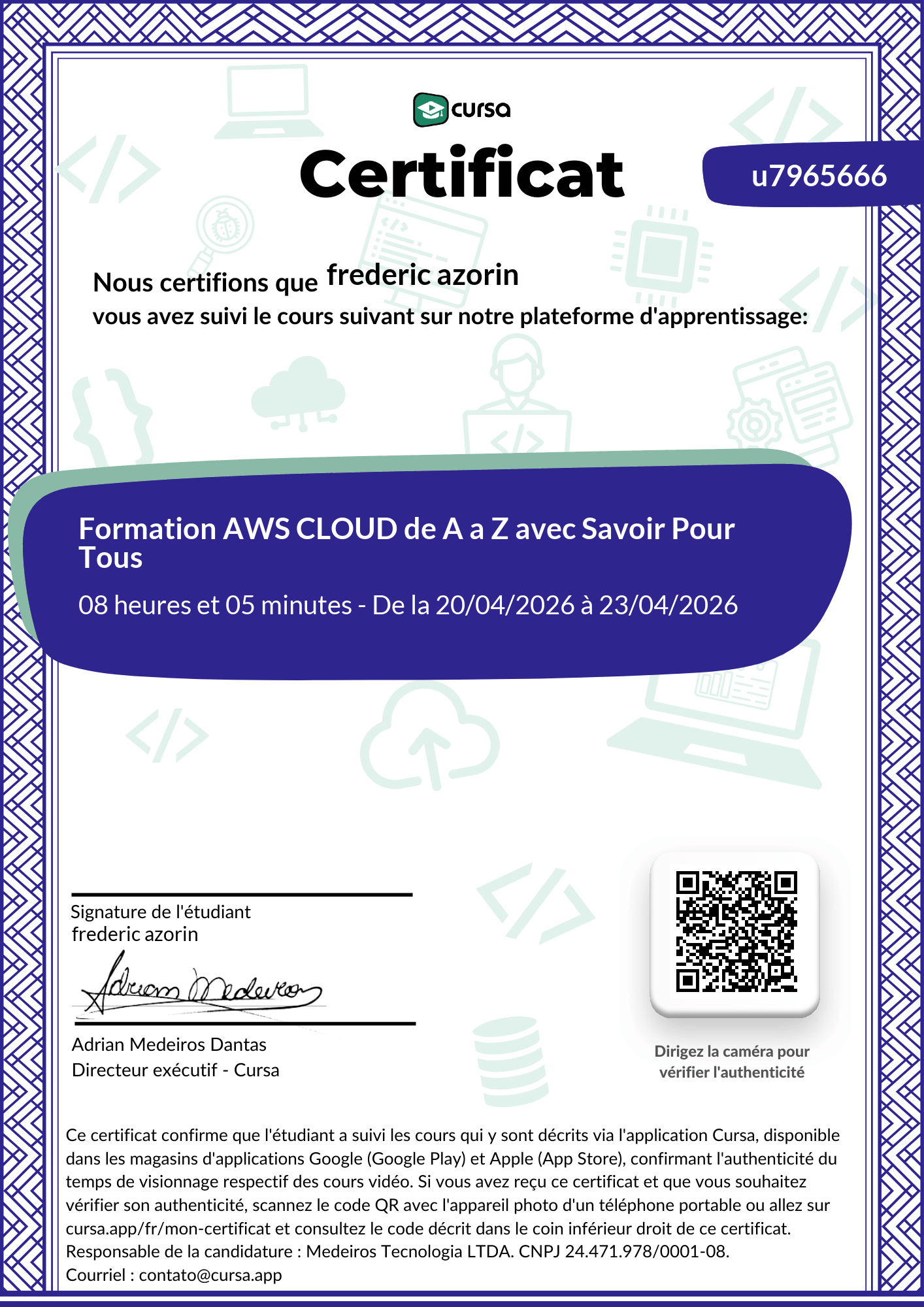 Image de mon certificat de fin de cours gratuit.