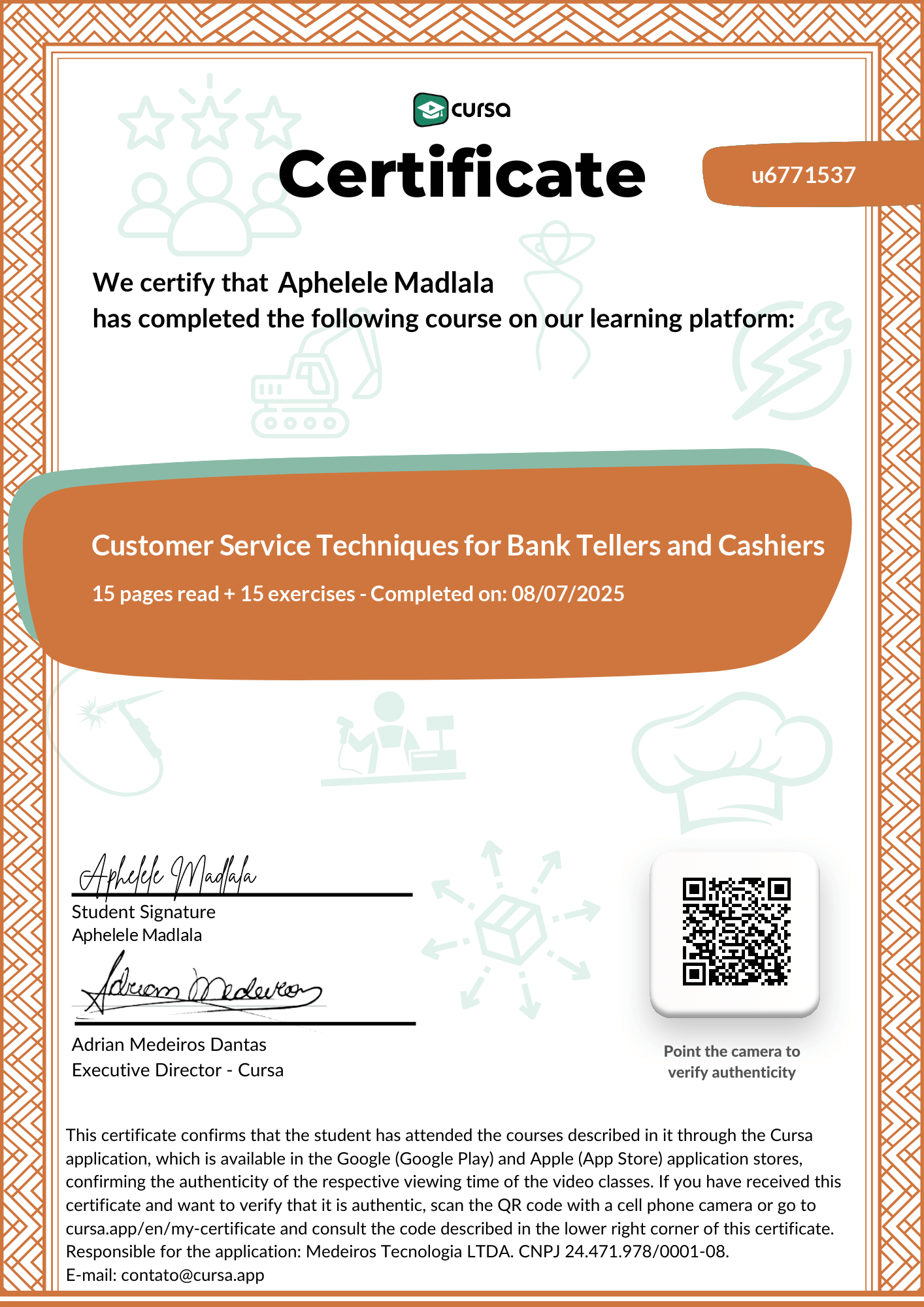 Image of my free Course Completion Certificate.