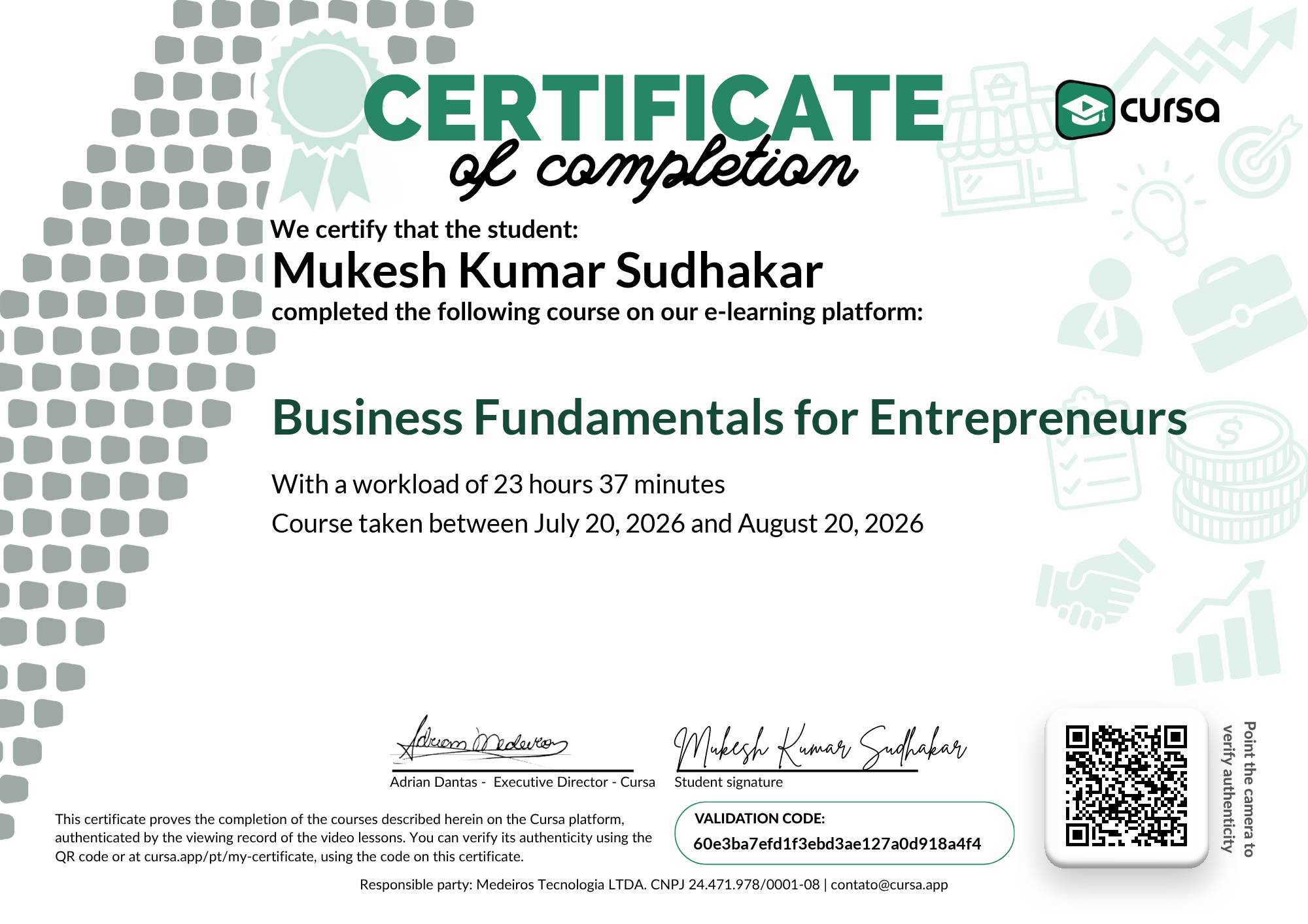 Image of my free Course Completion Certificate.