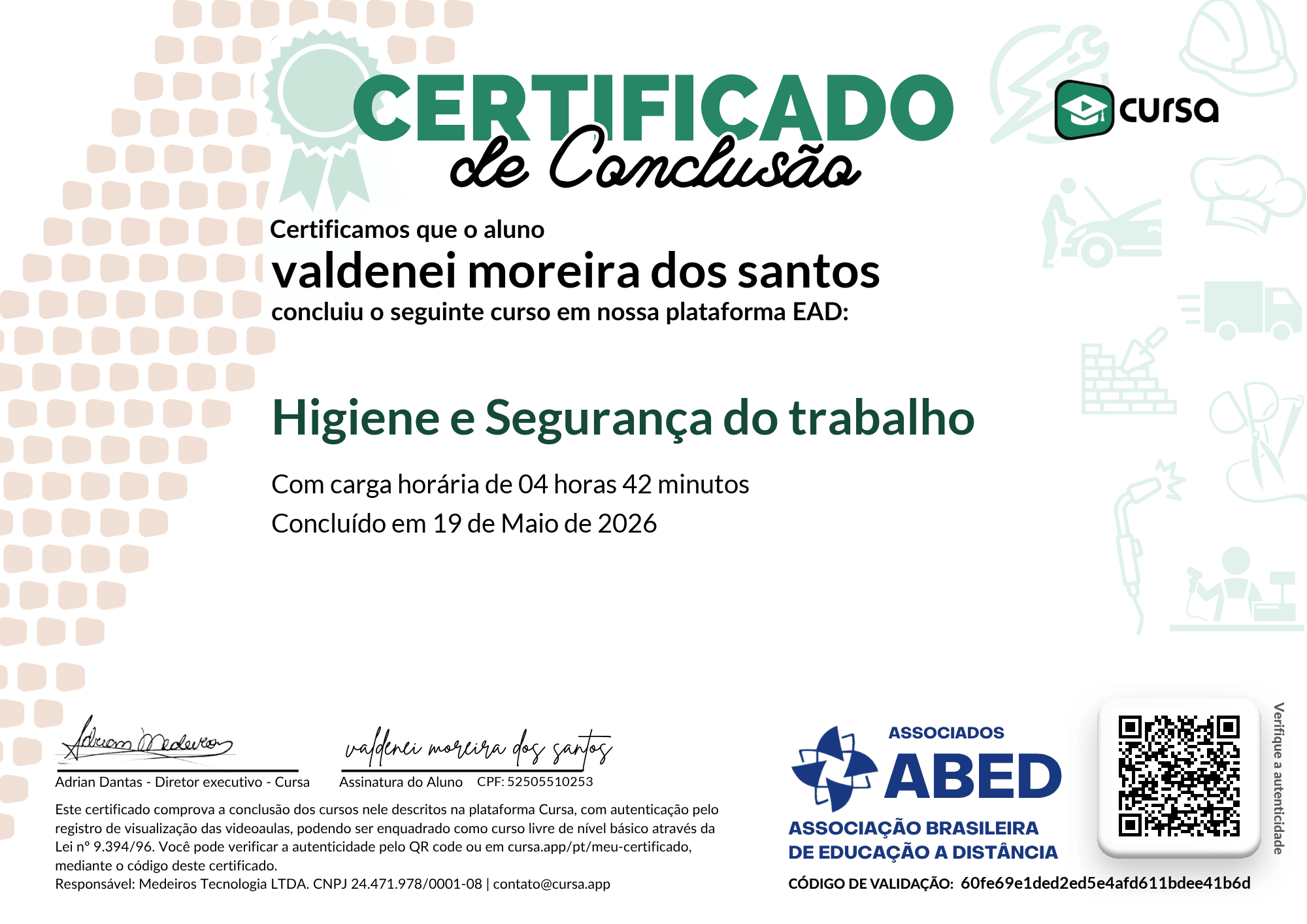Imagem do meu Certificado gratuito de conclusão de curso.