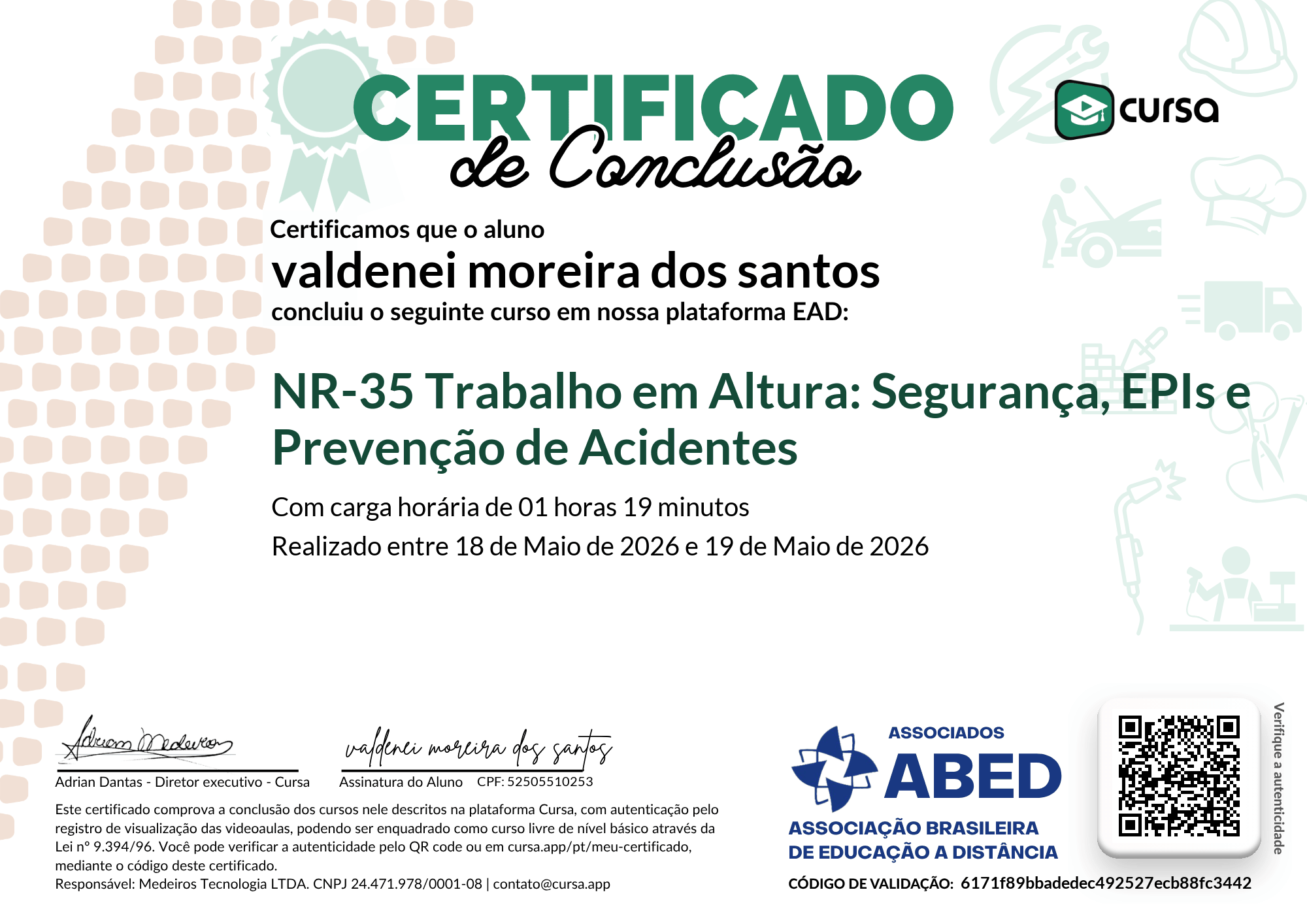 Imagem do meu Certificado gratuito de conclusão de curso.