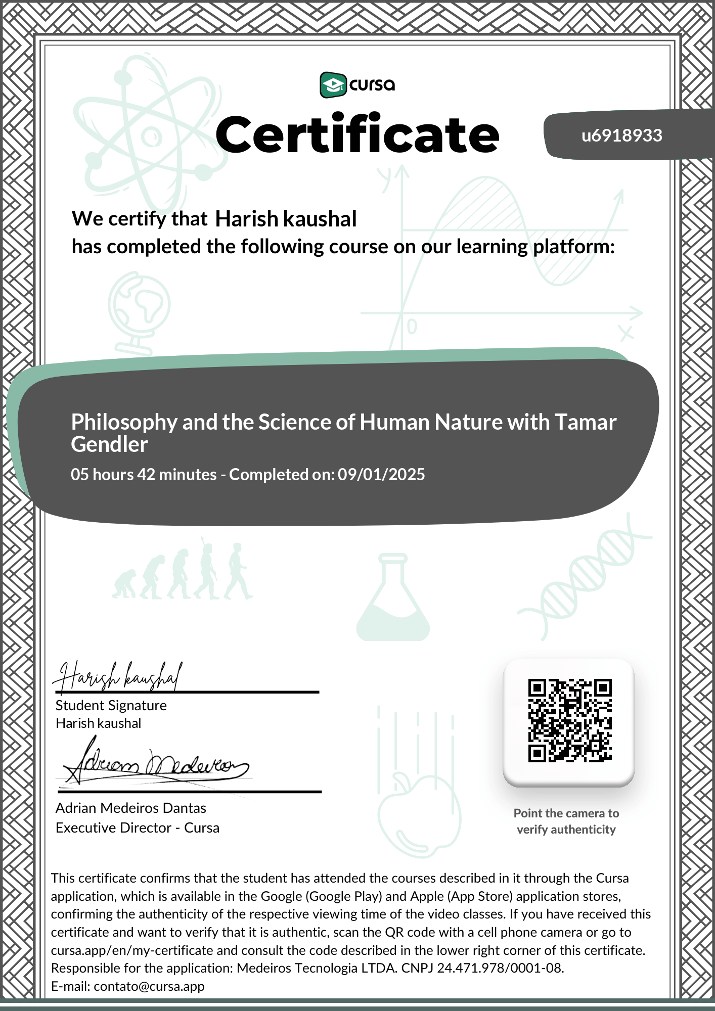 Image of my free Course Completion Certificate.