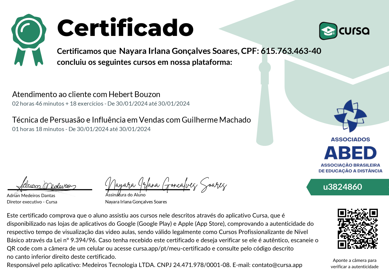 Imagem do meu Certificado gratuito de conclusão de curso.