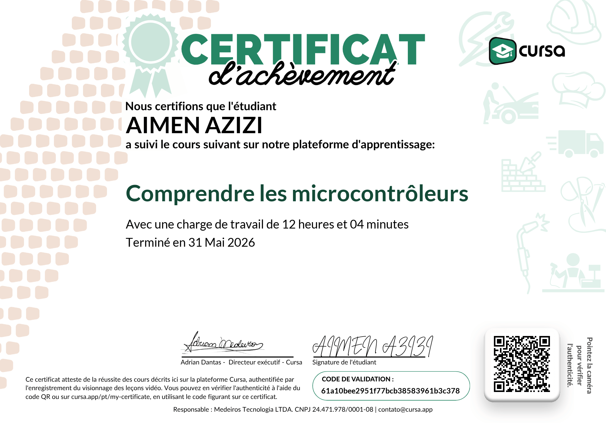 Image de mon certificat de fin de cours gratuit.