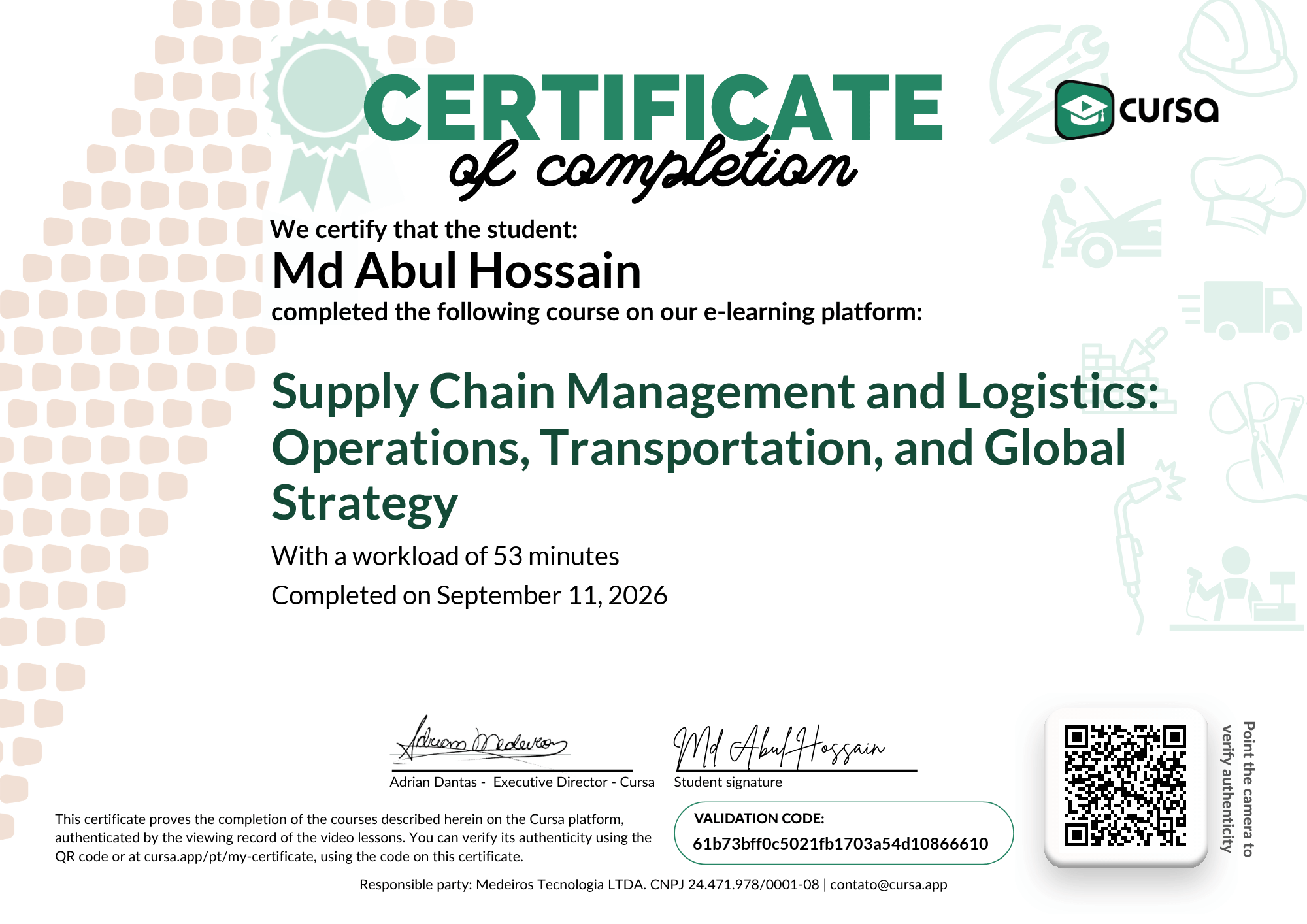 Image of my free Course Completion Certificate.