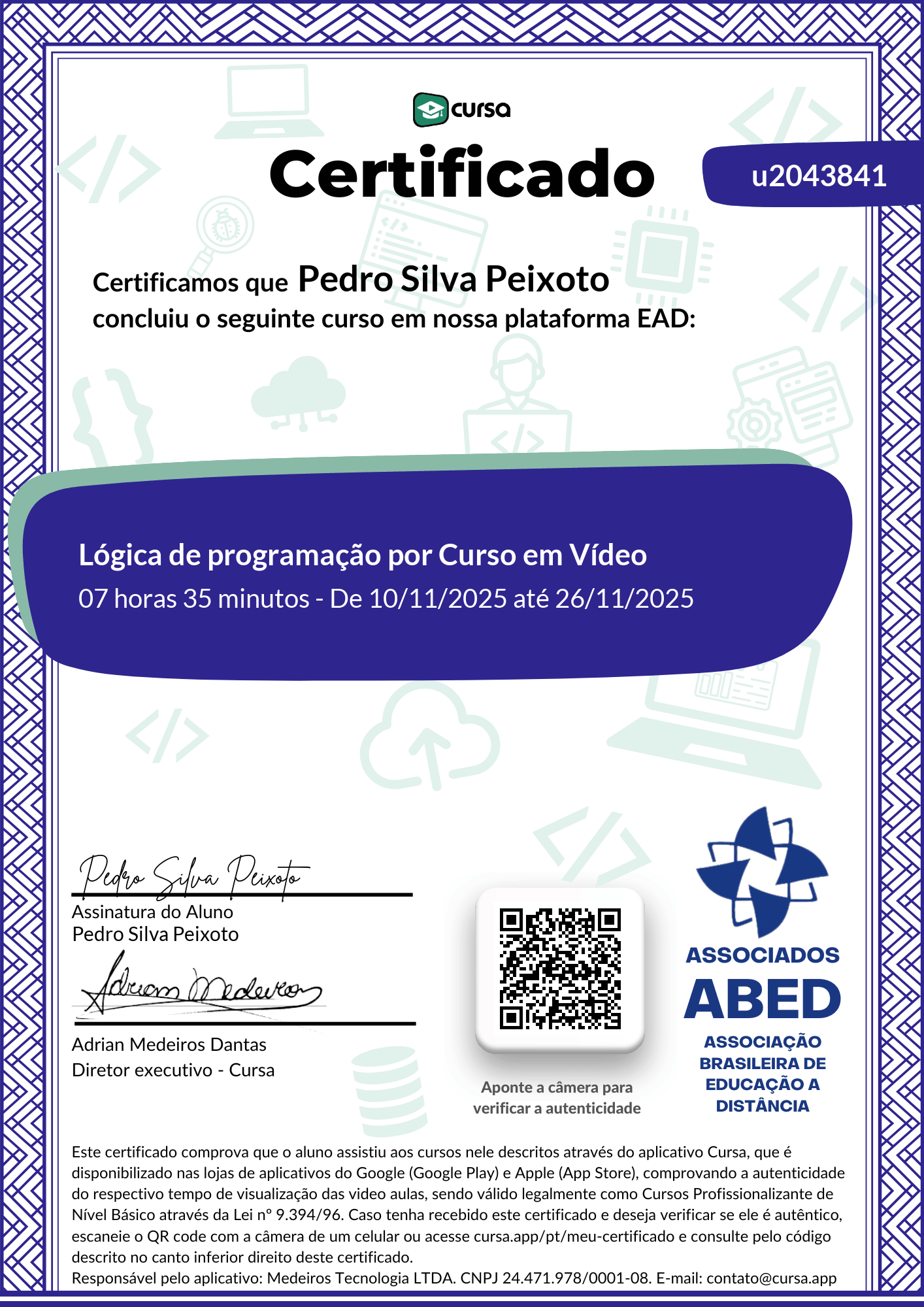 Imagem do meu Certificado gratuito de conclusão de curso.