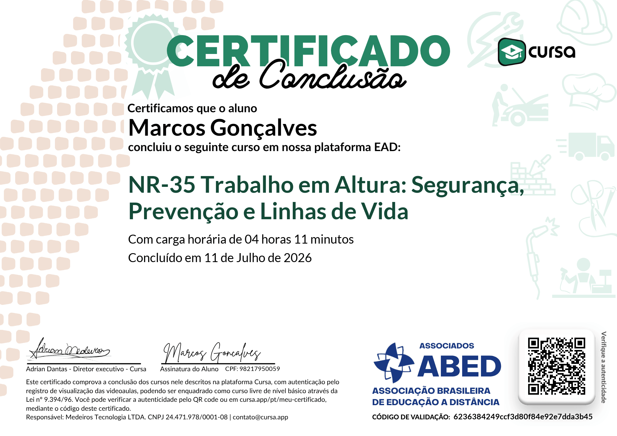 Imagem do meu Certificado gratuito de conclusão de curso.