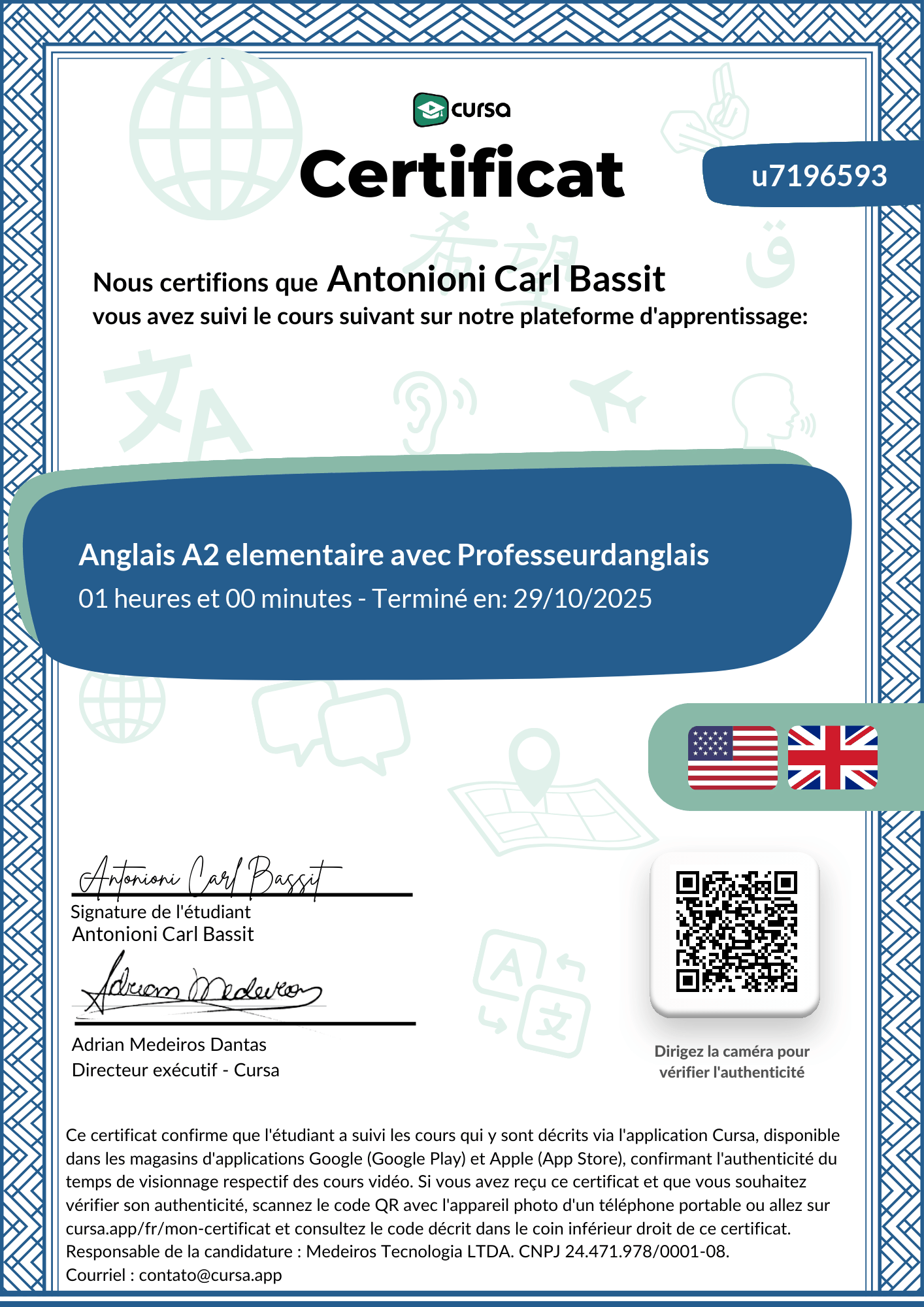 Image de mon certificat de fin de cours gratuit.