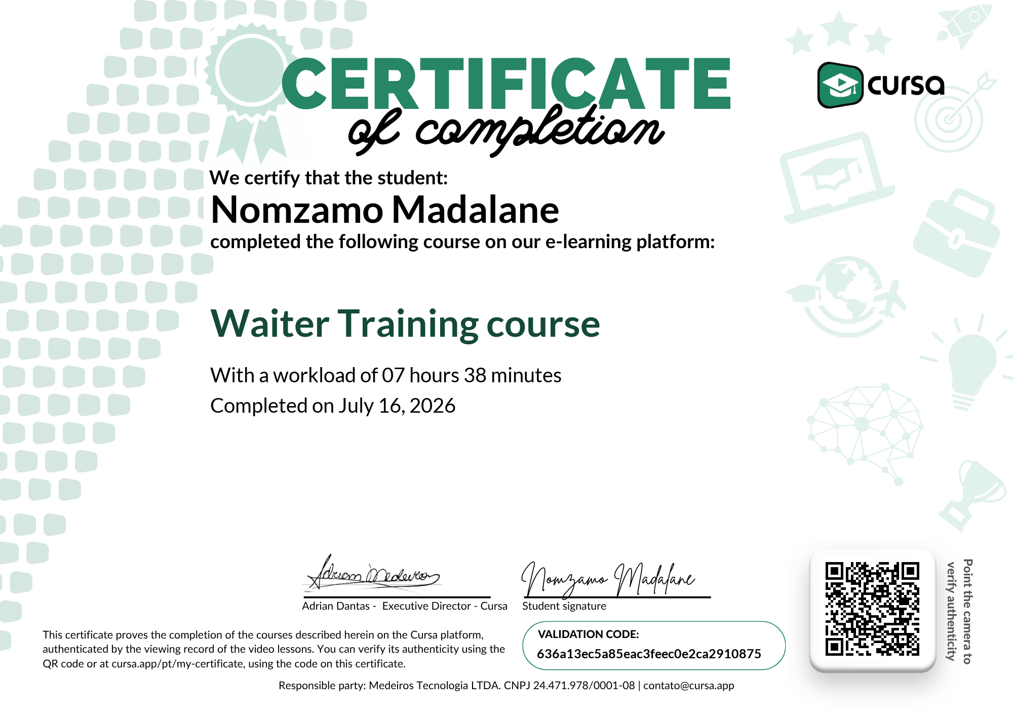 Image of my free Course Completion Certificate.