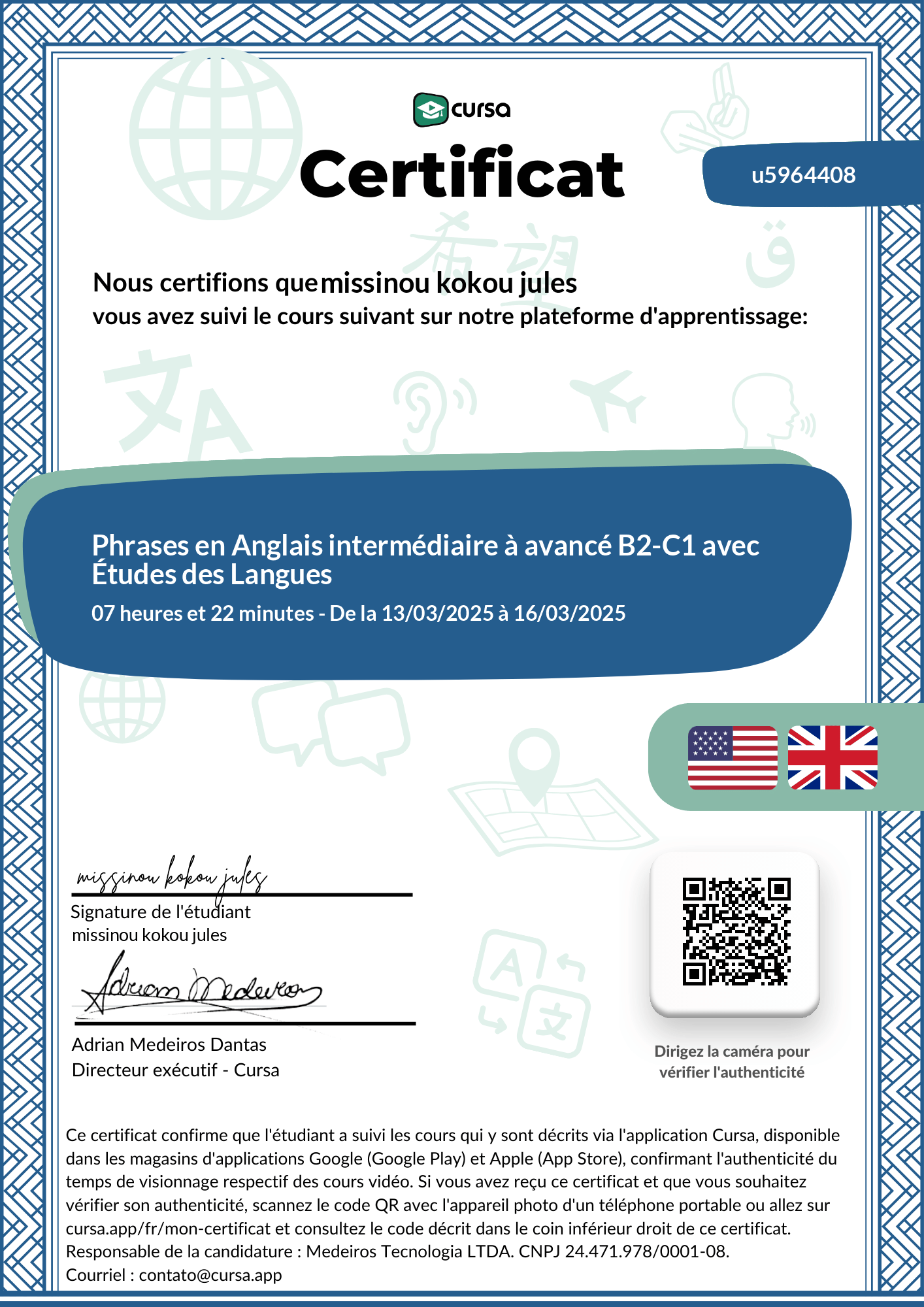 Image de mon certificat de fin de cours gratuit.