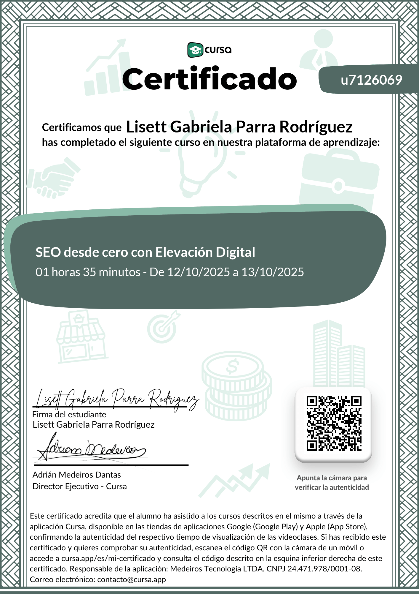 Imagen de mi Certificado de finalización del curso gratuito.