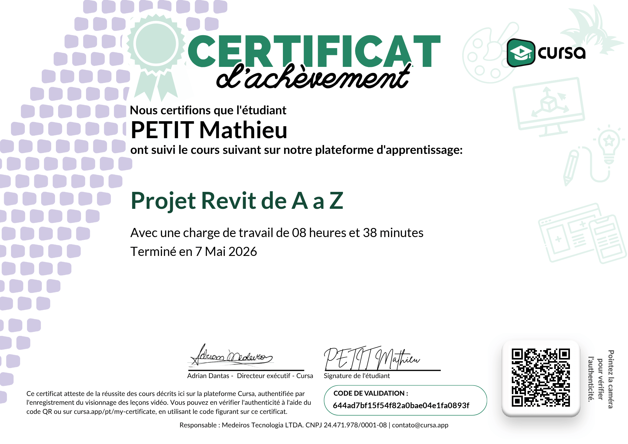 Image de mon certificat de fin de cours gratuit.