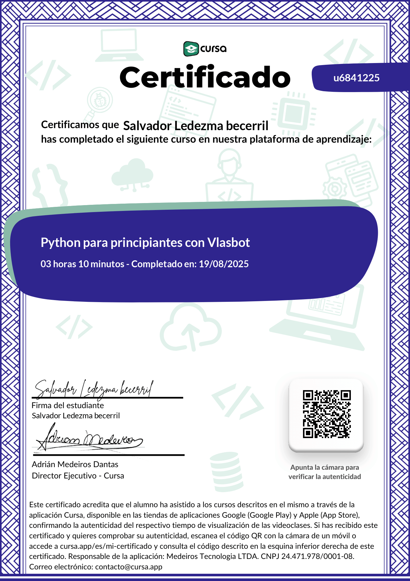 Imagen de mi Certificado de finalización del curso gratuito.