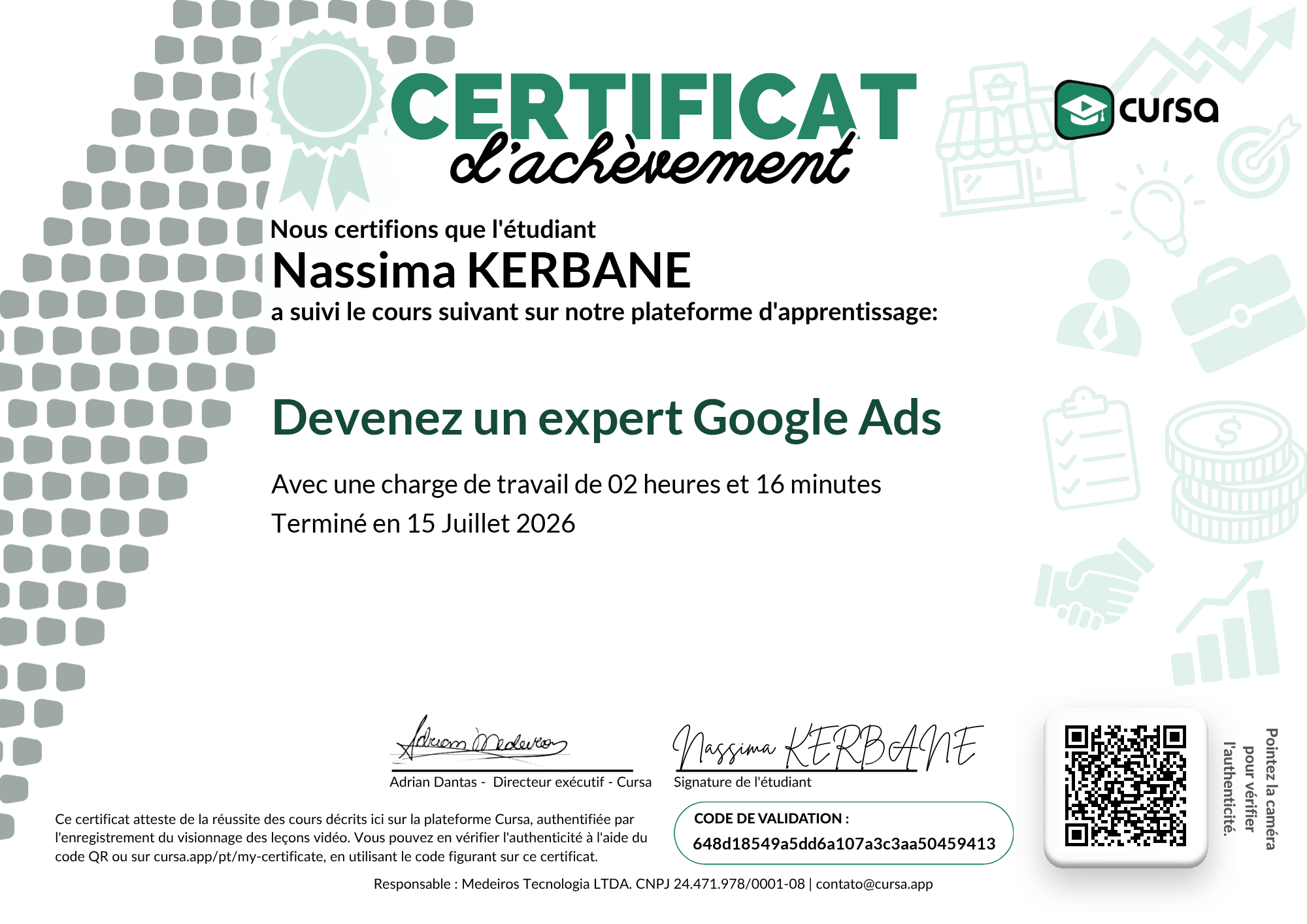 Image de mon certificat de fin de cours gratuit.