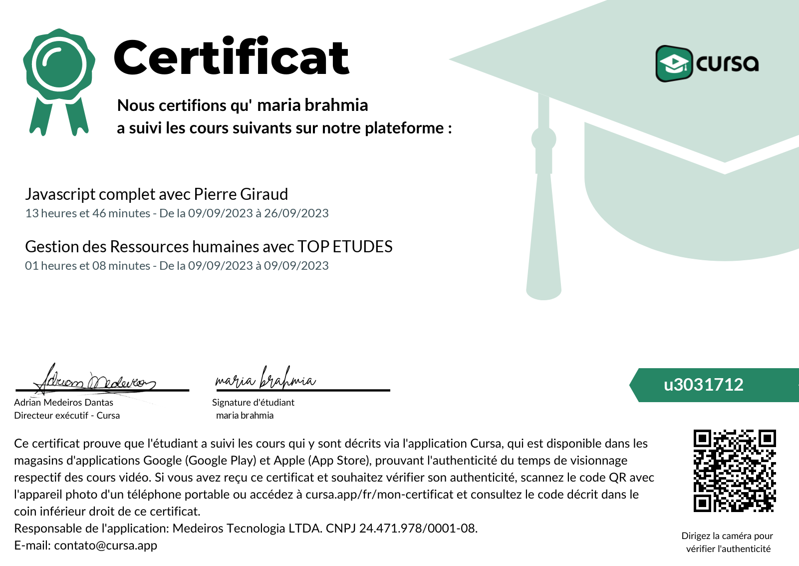 Image de mon certificat de fin de cours gratuit.