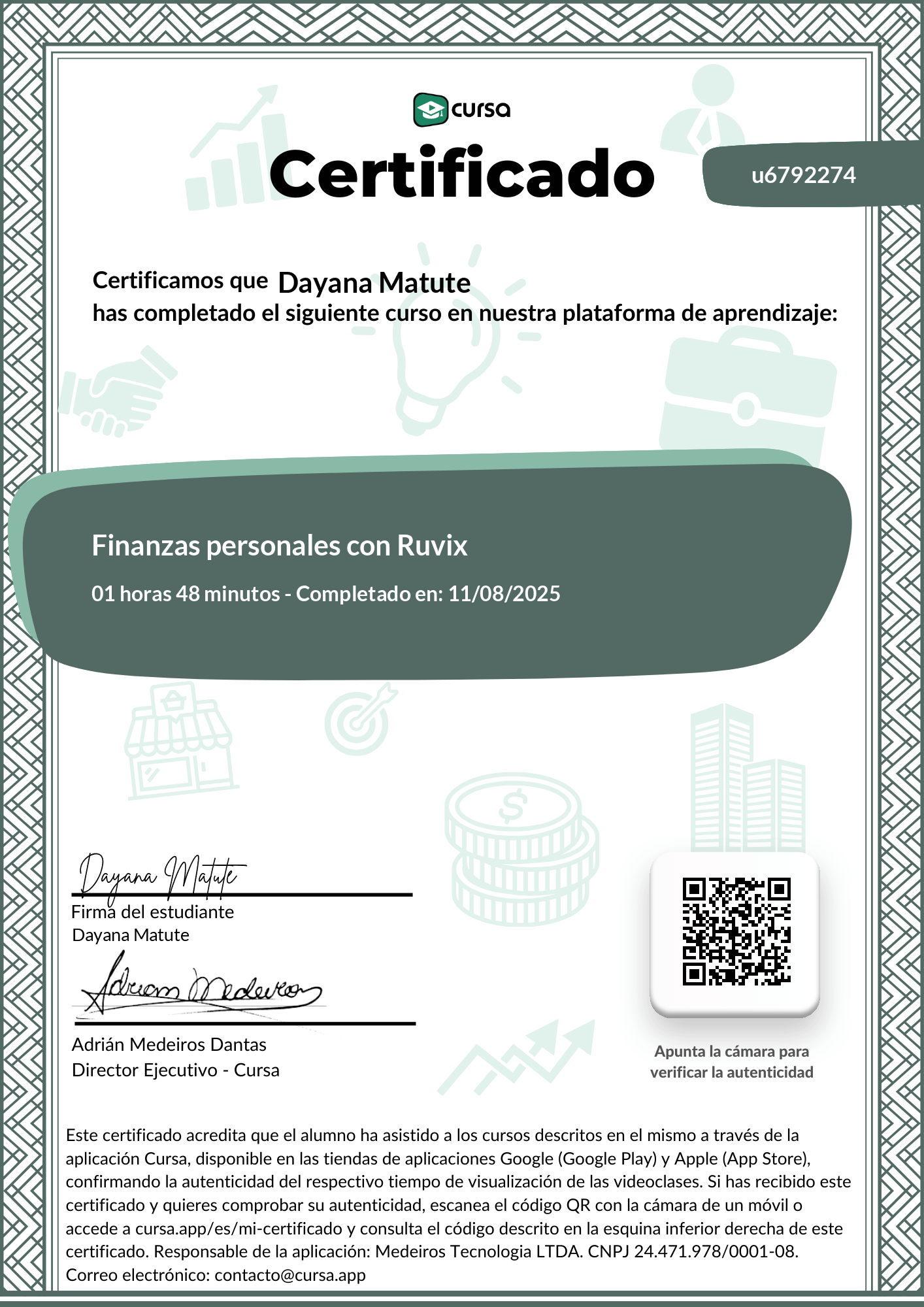 Imagen de mi Certificado de finalización del curso gratuito.