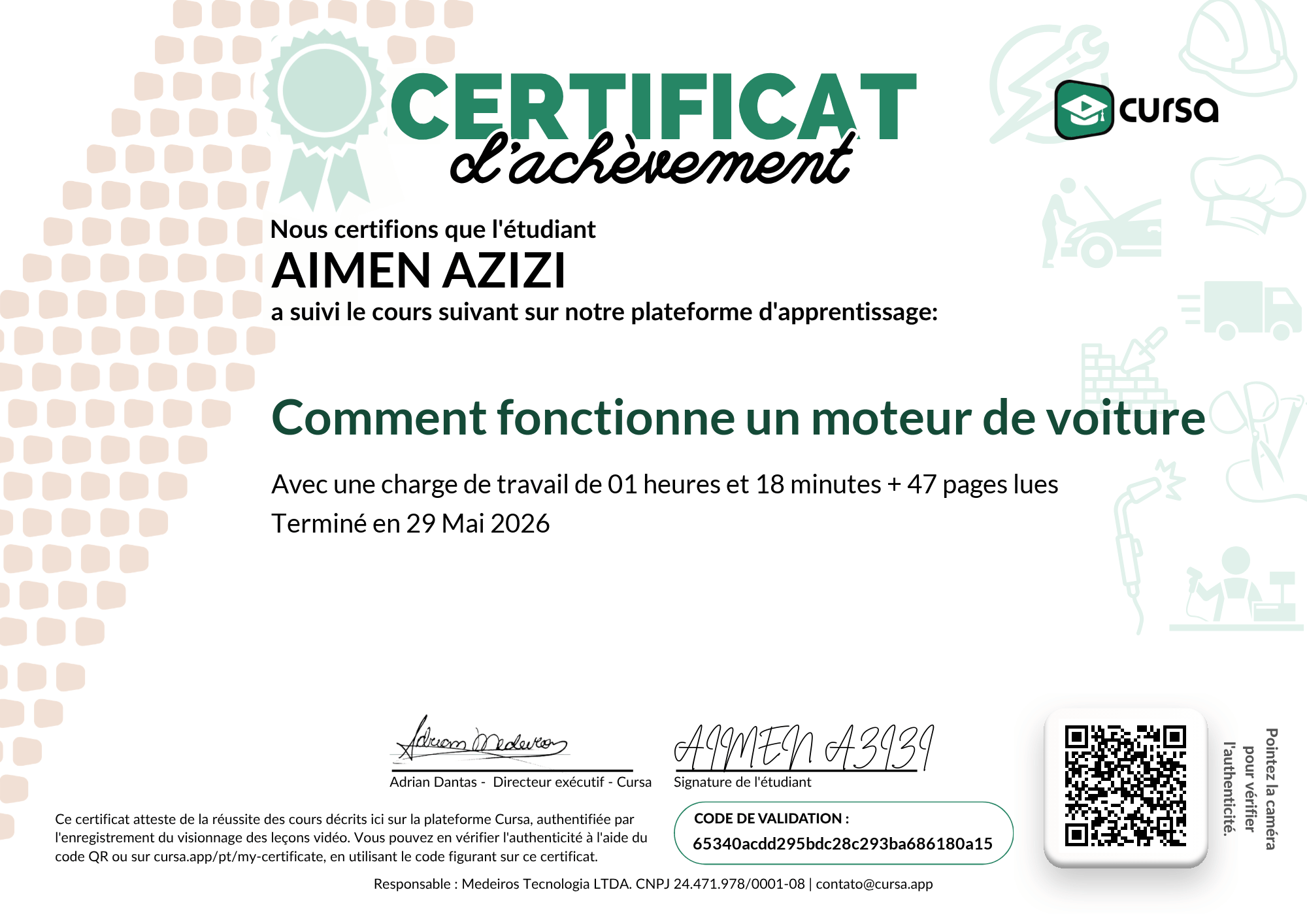 Image de mon certificat de fin de cours gratuit.