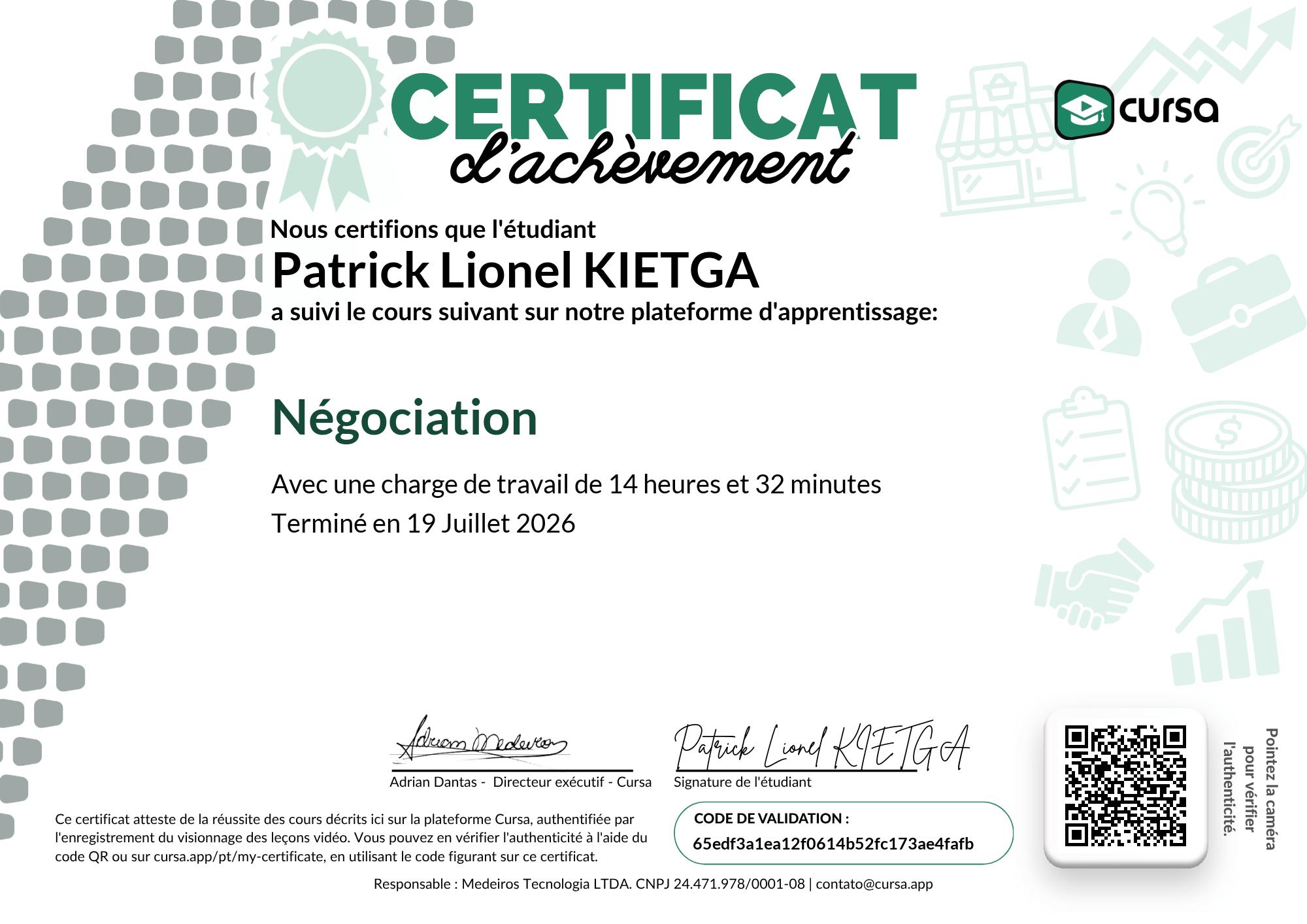 Image de mon certificat de fin de cours gratuit.