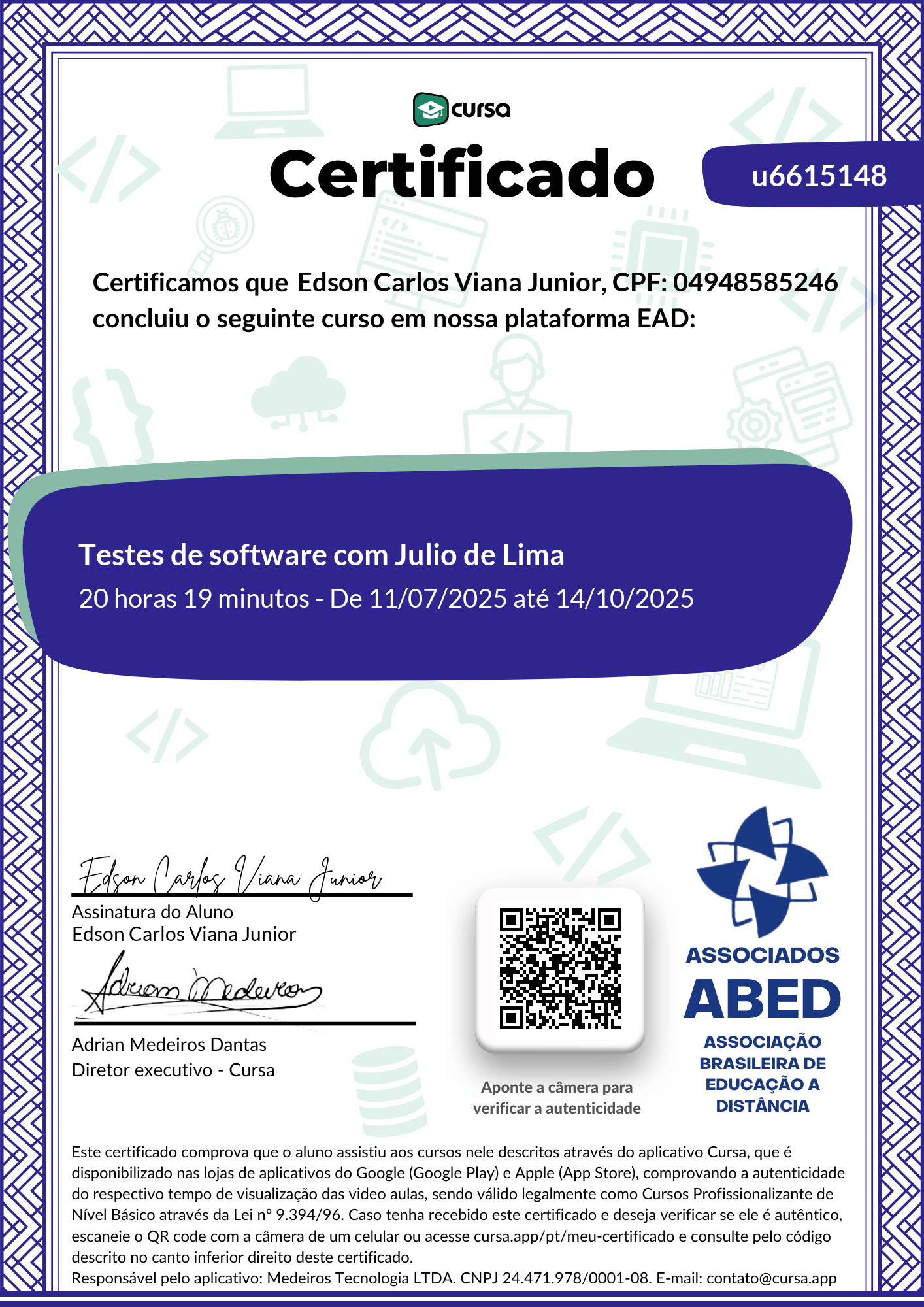 Imagem do meu Certificado gratuito de conclusão de curso.