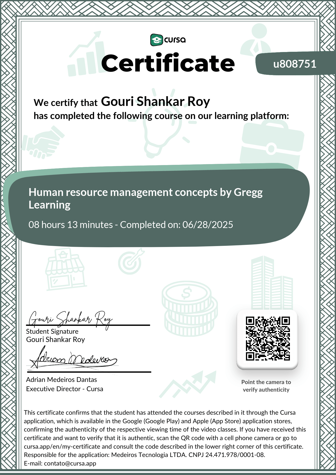 Image of my free Course Completion Certificate.