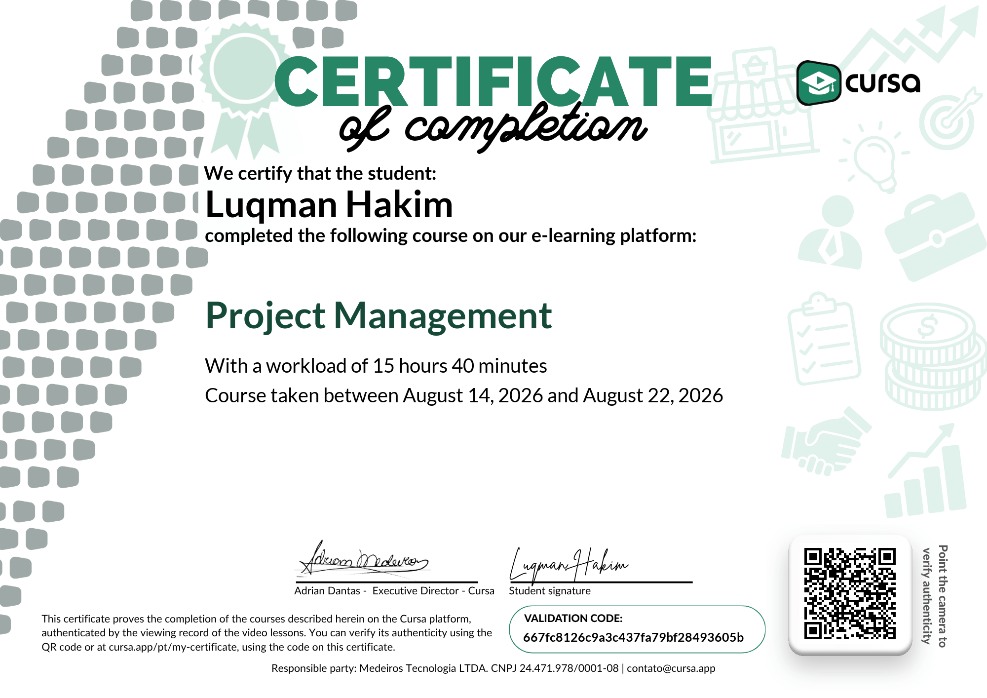 Image of my free Course Completion Certificate.