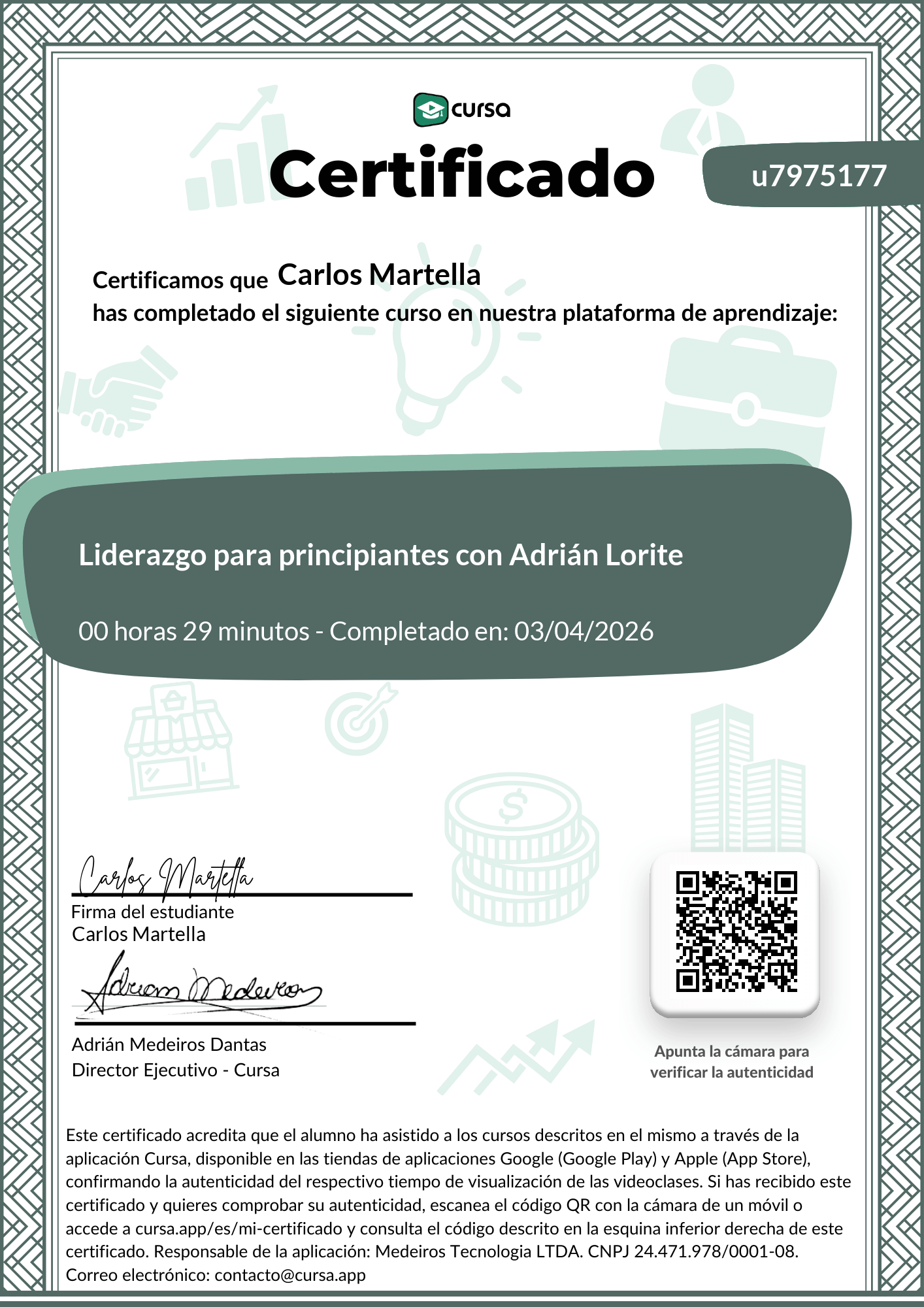Imagen de mi Certificado de finalización del curso gratuito.
