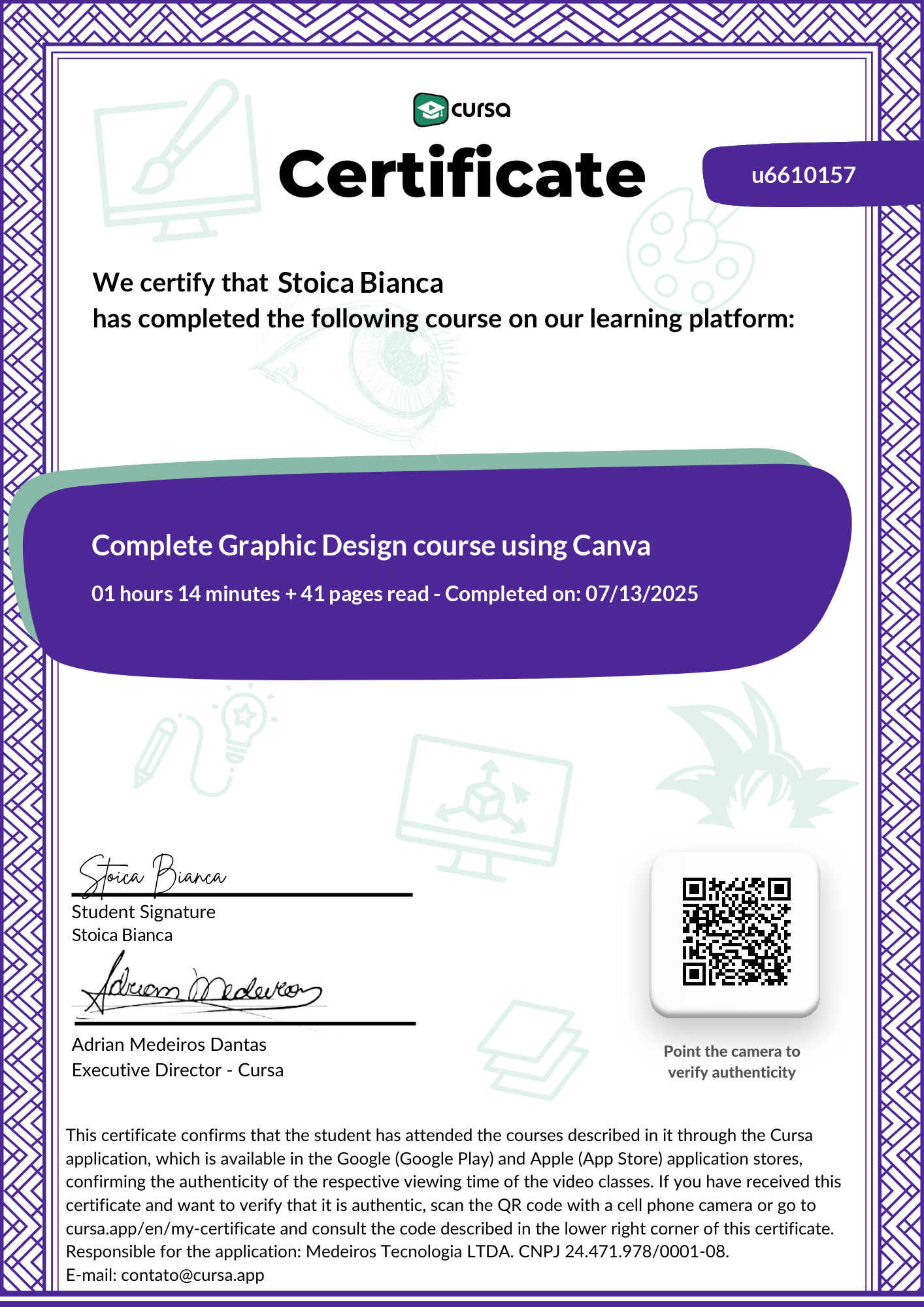 Image of my free Course Completion Certificate.