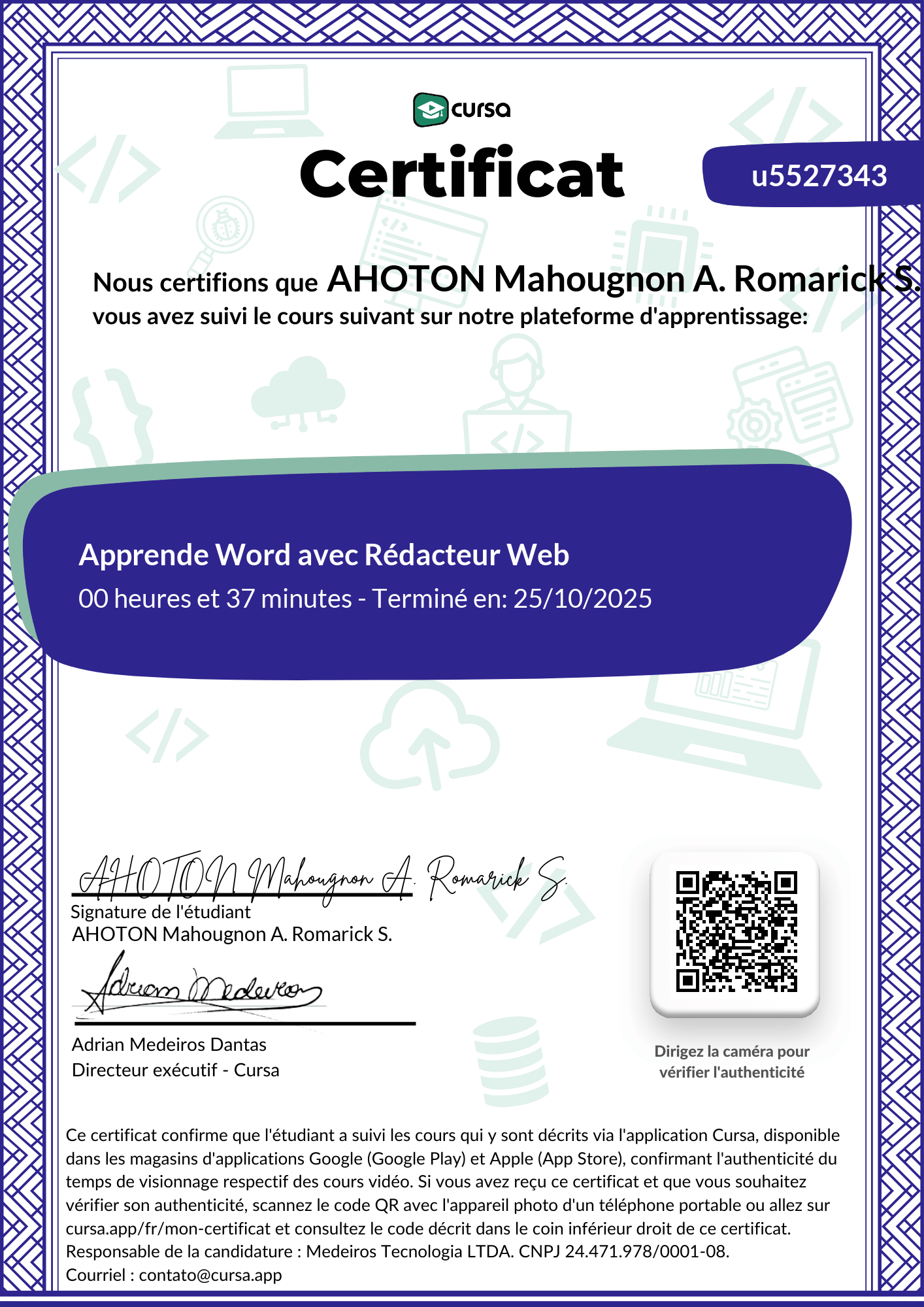 Image de mon certificat de fin de cours gratuit.