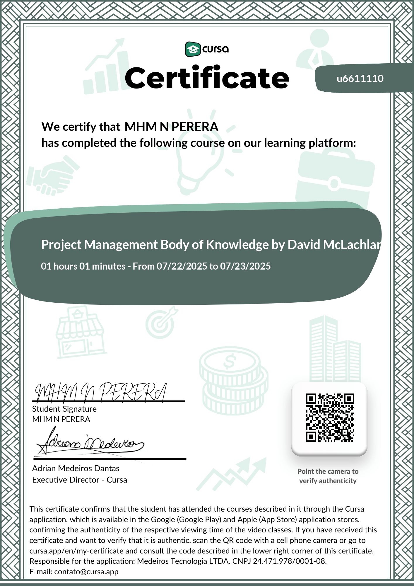 Image of my free Course Completion Certificate.