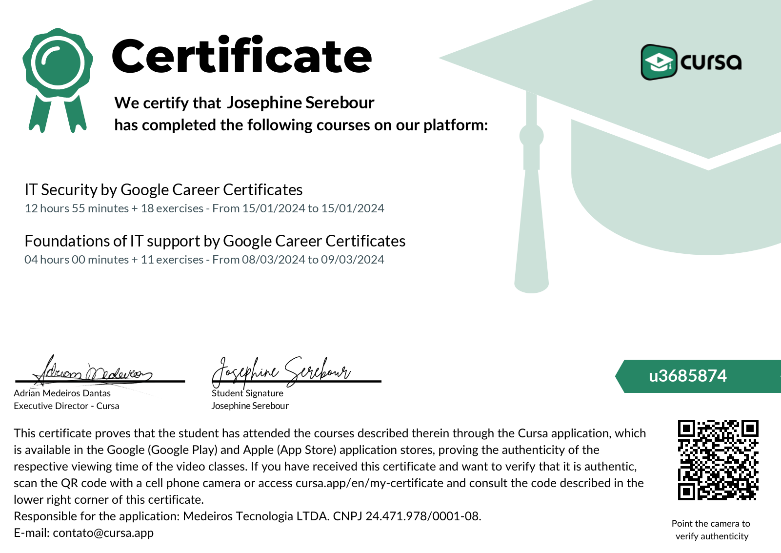 Image of my free Course Completion Certificate.